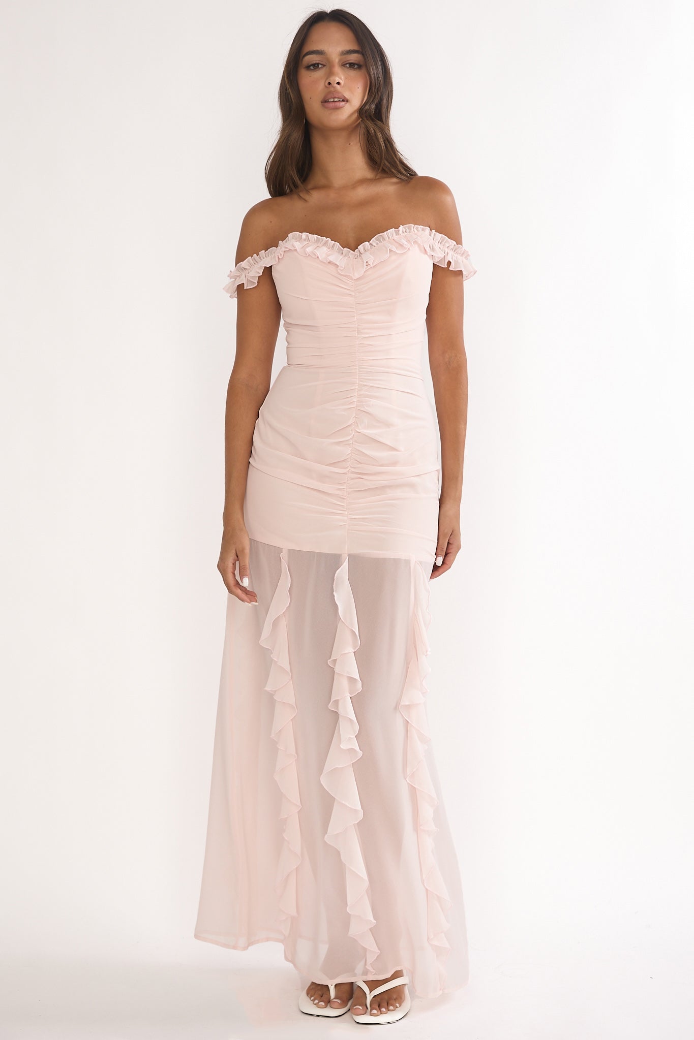 Fall In Love Off Shoulder Frill Maxi Dress Power Pink by Selfie Leslie Australia