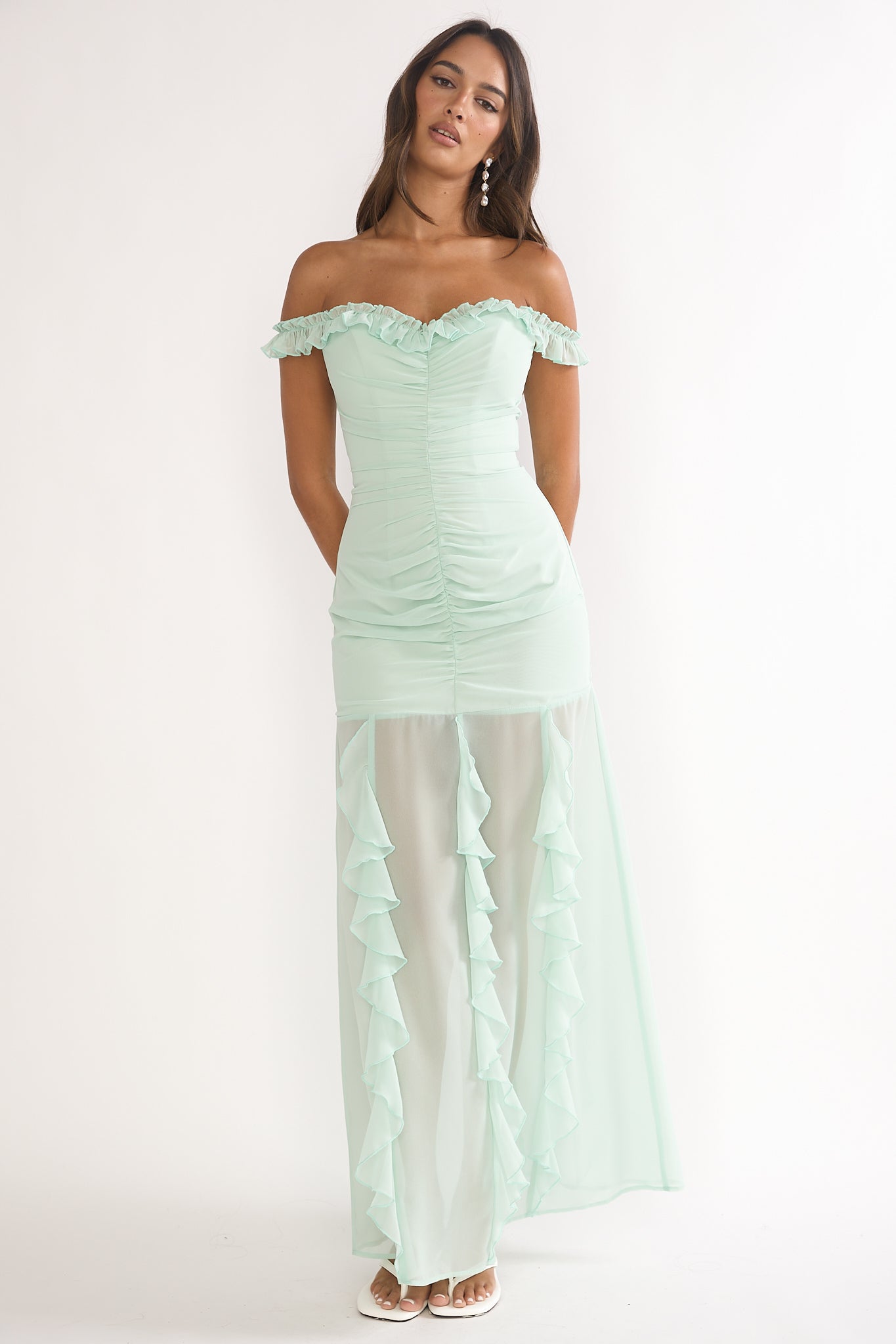 Fall In Love Off Shoulder Frill Maxi Dress Sage by Selfie Leslie Australia