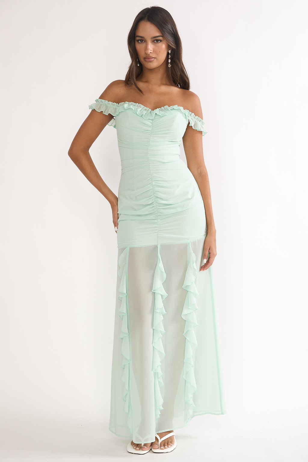 Fall In Love Off Shoulder Frill Maxi Dress Sage by Selfie Leslie Australia
