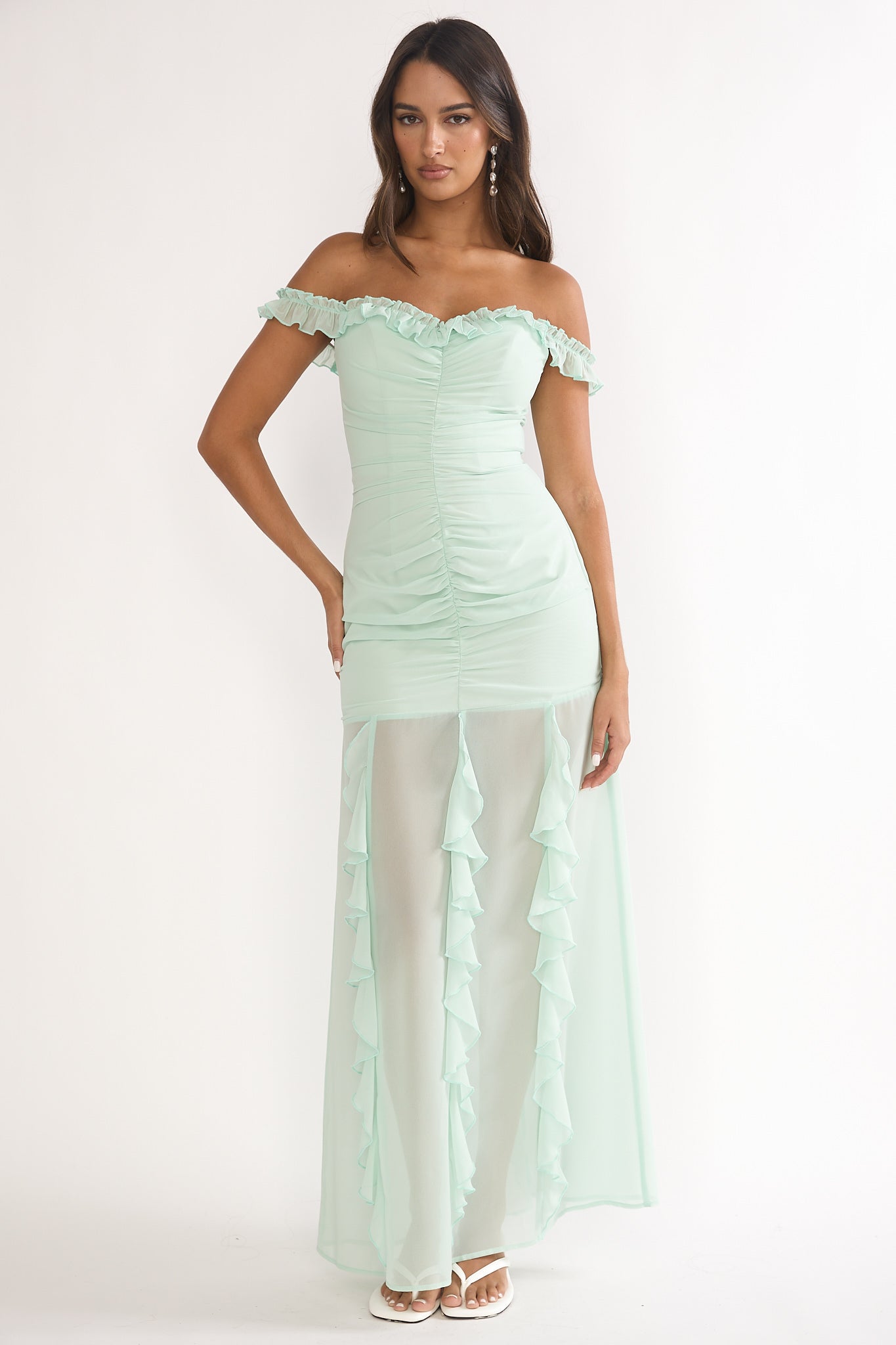 Fall In Love Off Shoulder Frill Maxi Dress Sage by Selfie Leslie Australia