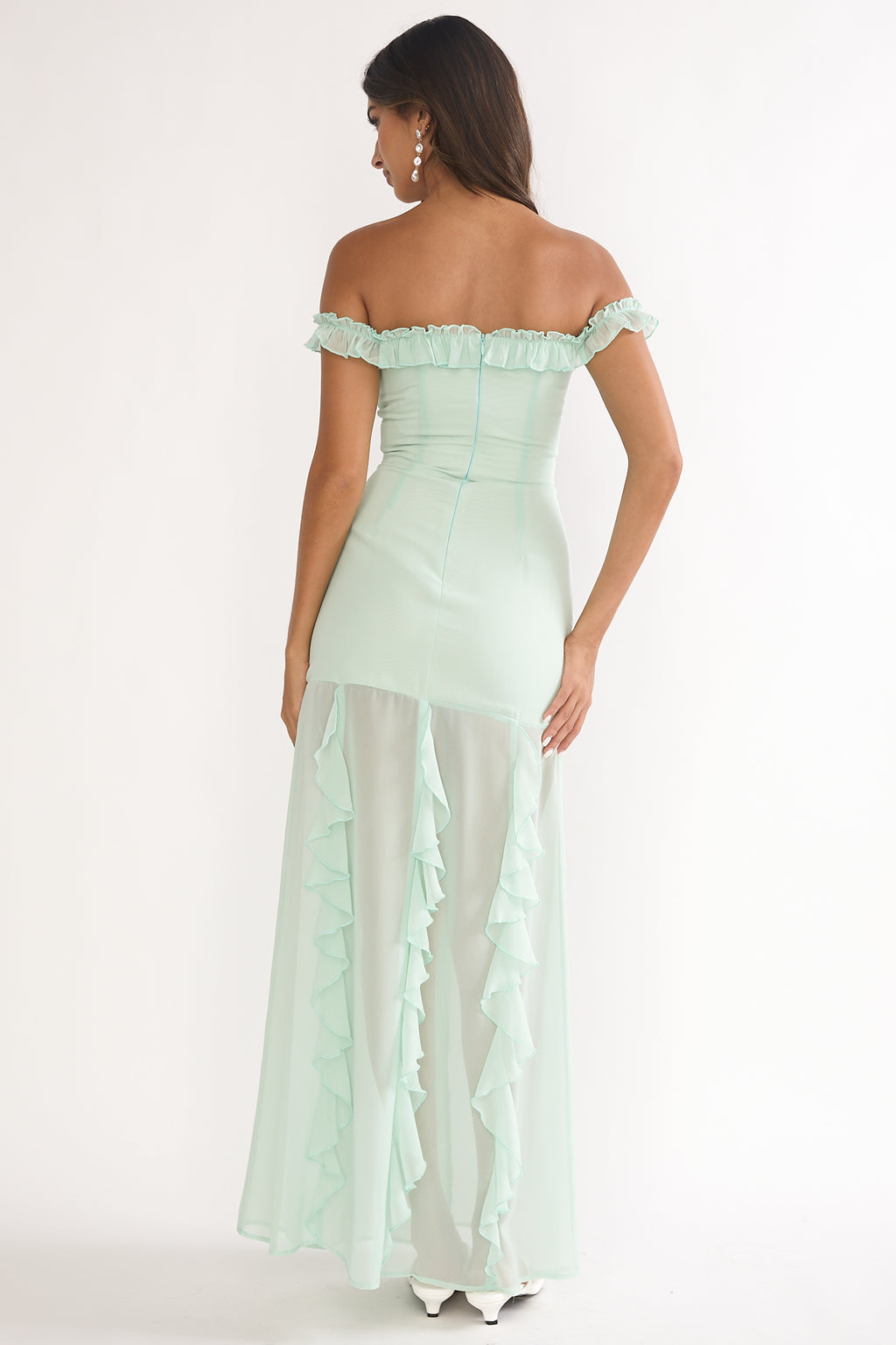 Fall In Love Off Shoulder Frill Maxi Dress Sage by Selfie Leslie Australia