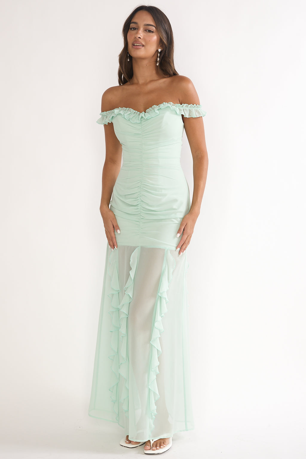 Fall In Love Off Shoulder Frill Maxi Dress Sage by Selfie Leslie Australia