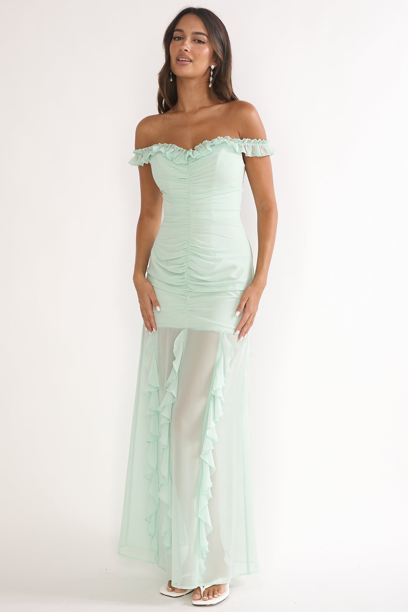 Fall In Love Off Shoulder Frill Maxi Dress Sage by Selfie Leslie Australia