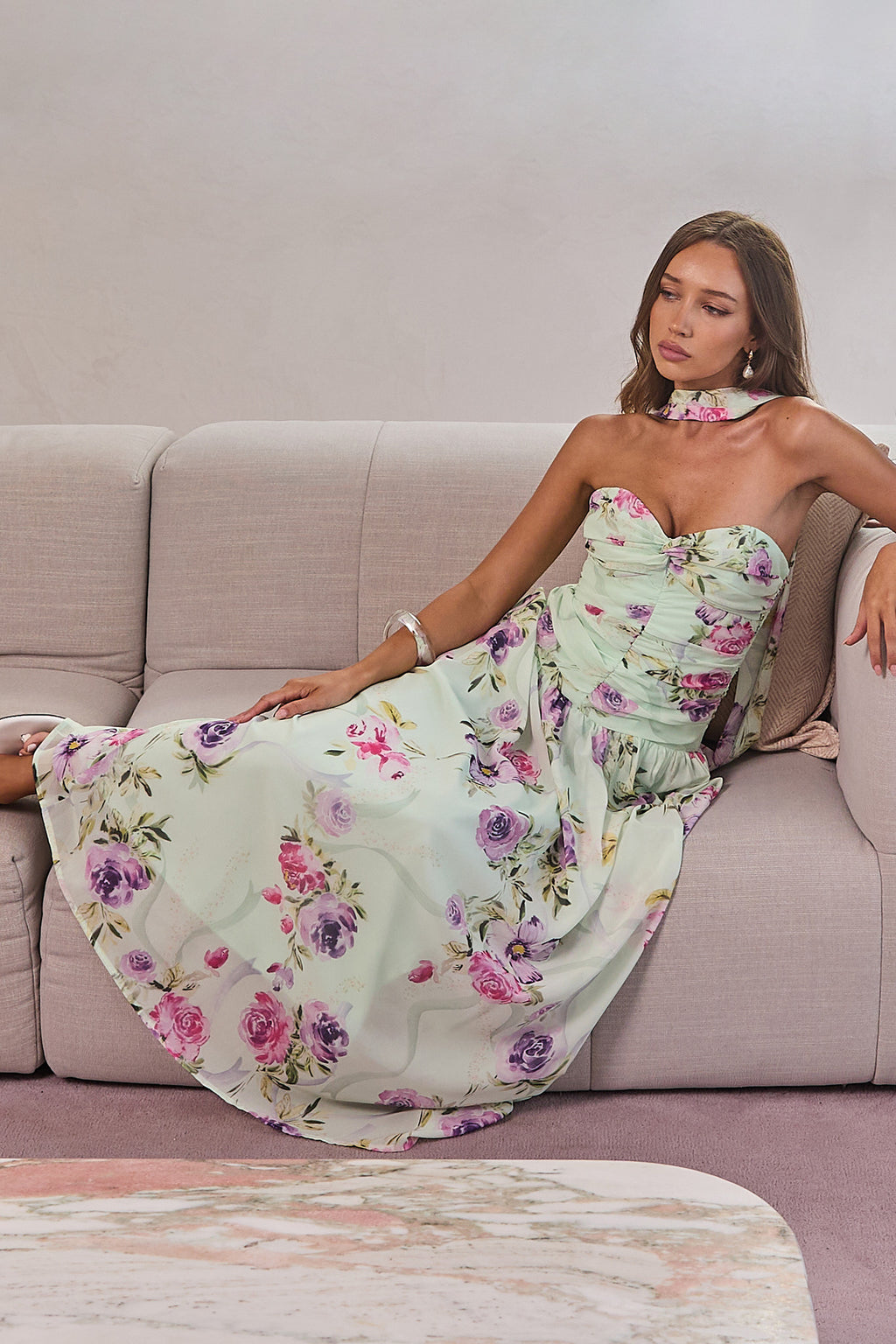 Novarra Twist Bust Strapless Maxi Dress Floral Mint by Selfie Leslie Australia