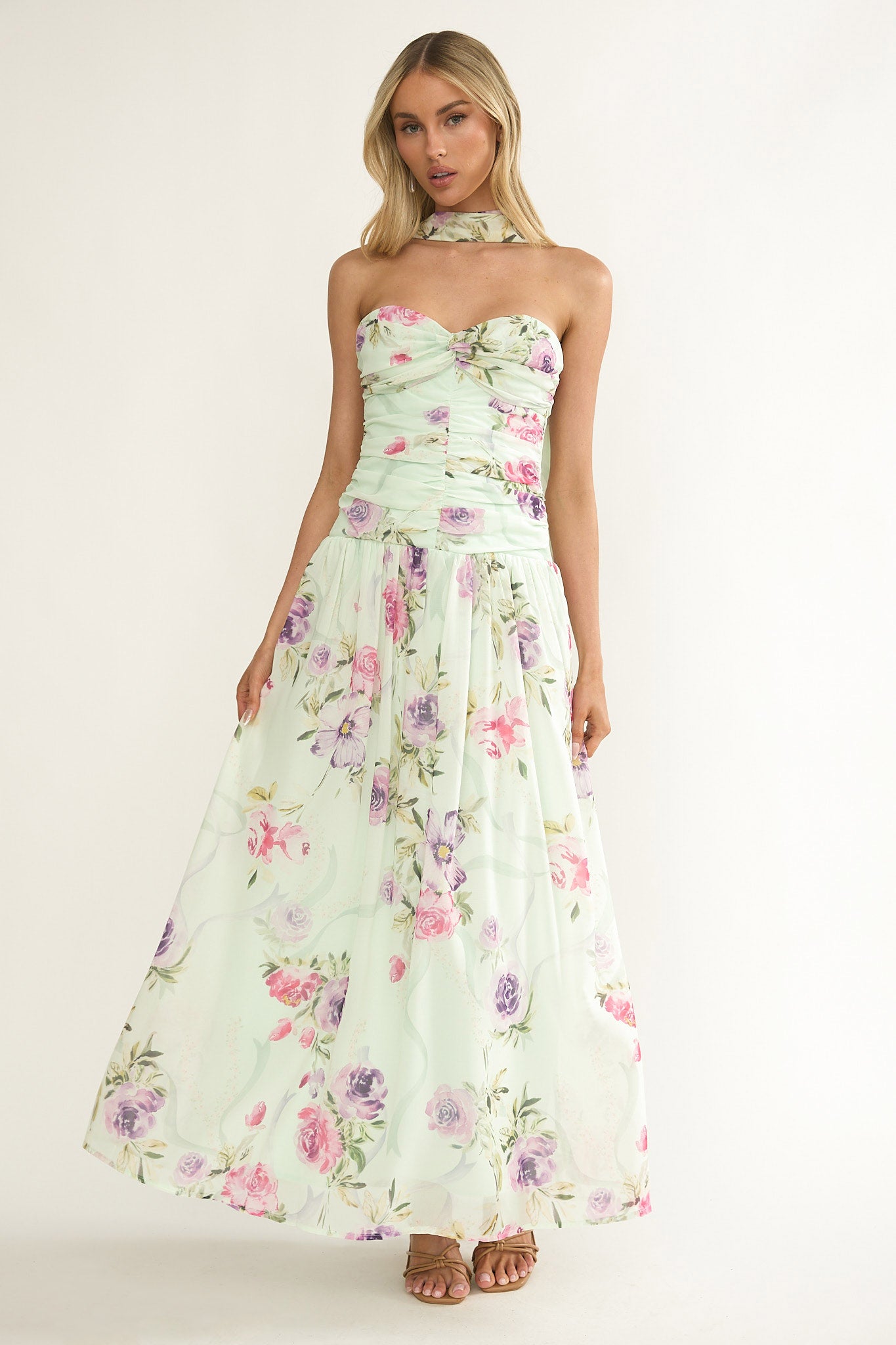 Novarra Twist Bust Strapless Maxi Dress Floral Mint by Selfie Leslie Australia