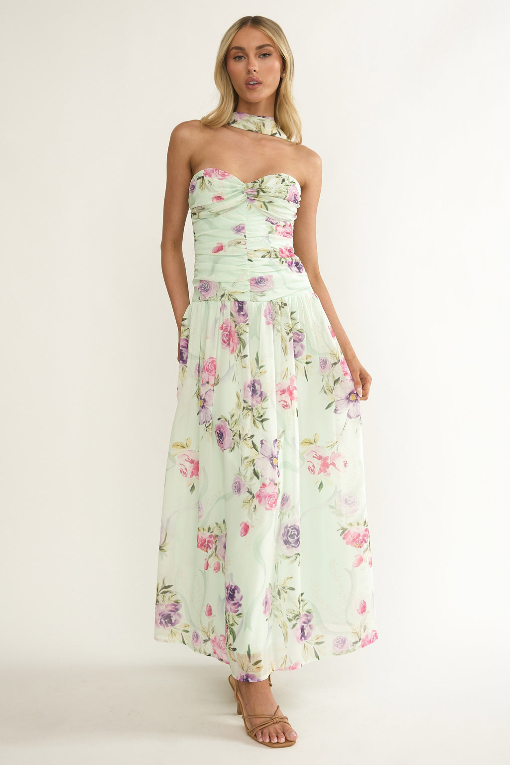 Novarra Twist Bust Strapless Maxi Dress Floral Mint by Selfie Leslie Australia