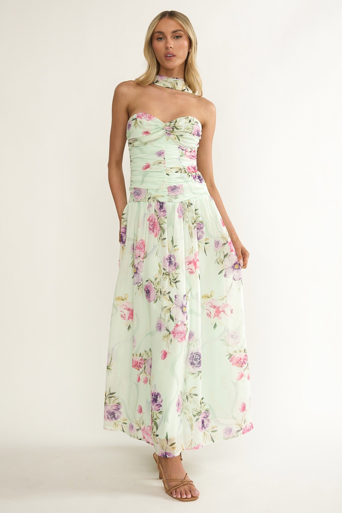 Novarra Twist Bust Strapless Maxi Dress Floral Mint by Selfie Leslie Australia