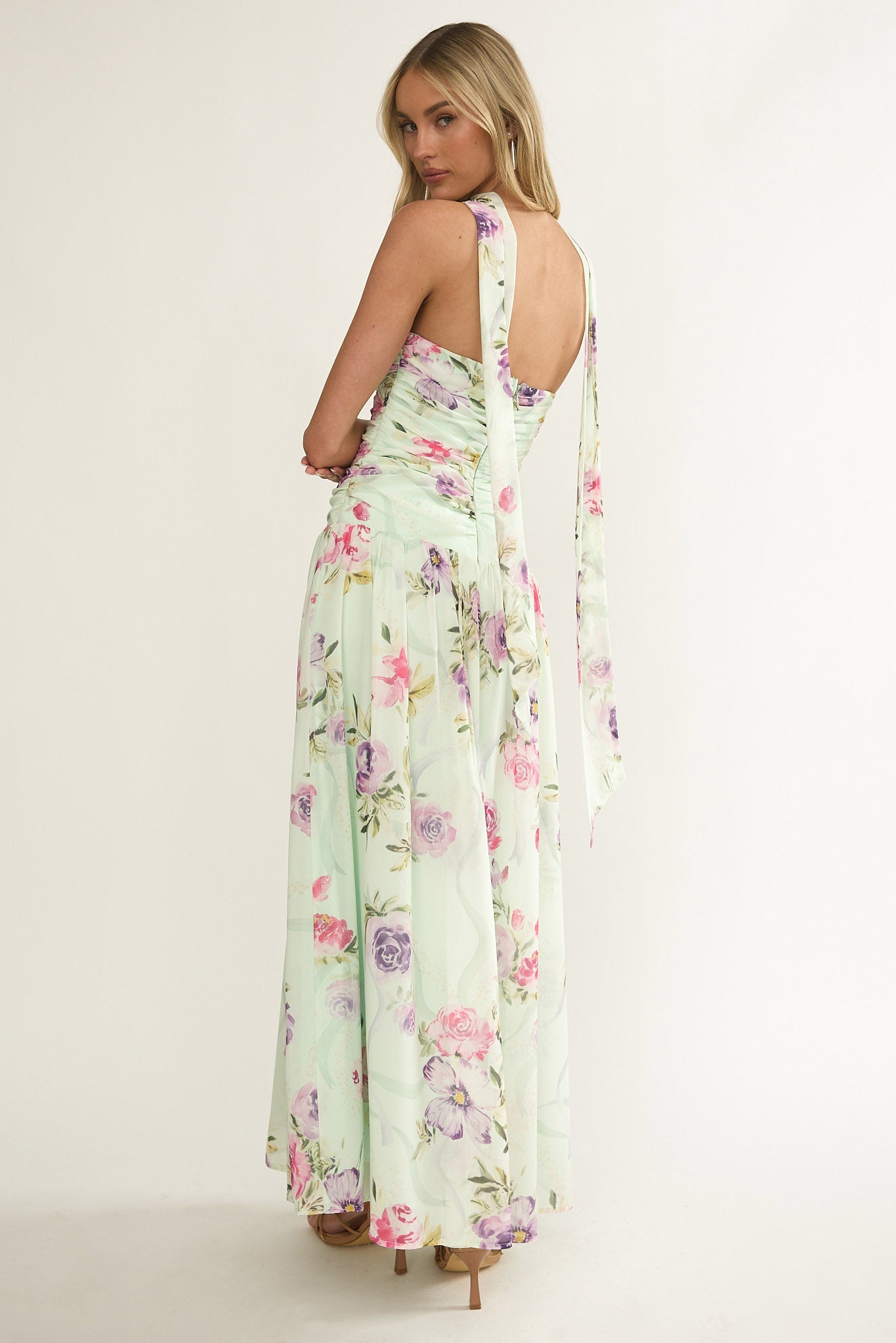 Novarra Twist Bust Strapless Maxi Dress Floral Mint by Selfie Leslie Australia