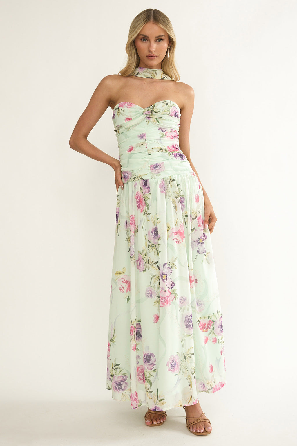 Novarra Twist Bust Strapless Maxi Dress Floral Mint by Selfie Leslie Australia