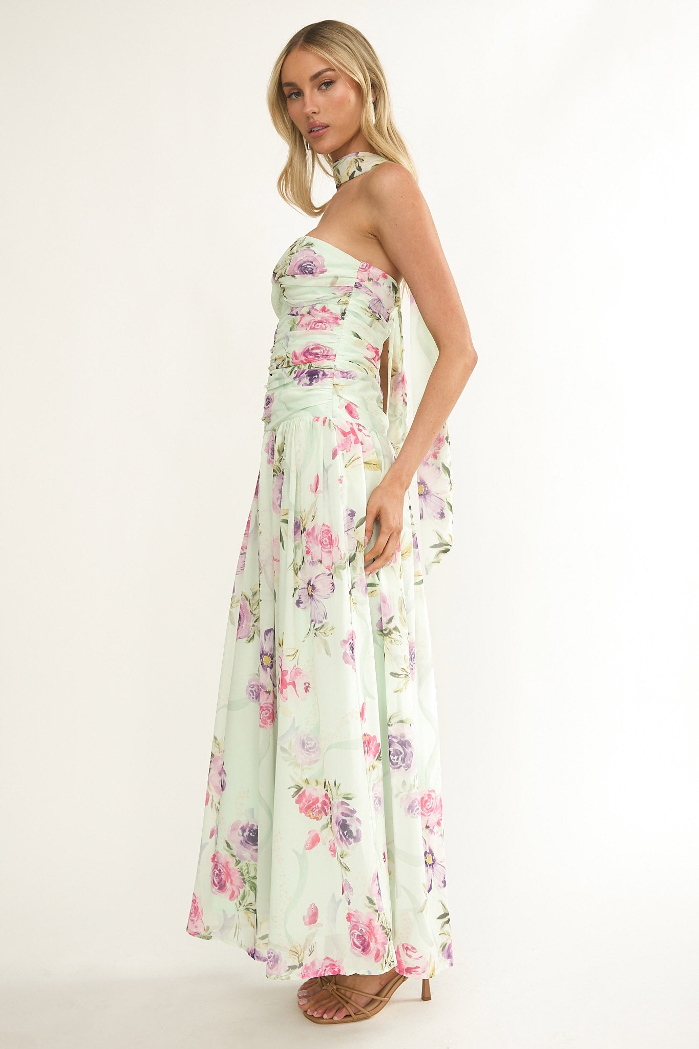 Novarra Twist Bust Strapless Maxi Dress Floral Mint by Selfie Leslie Australia