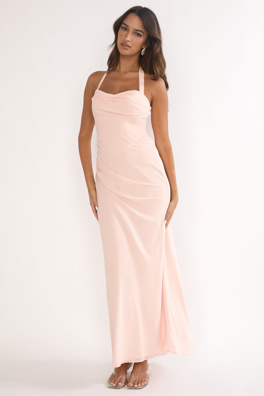 Rovelle Halterneck Pleat Waist Maxi Dress Pink by Selfie Leslie Australia