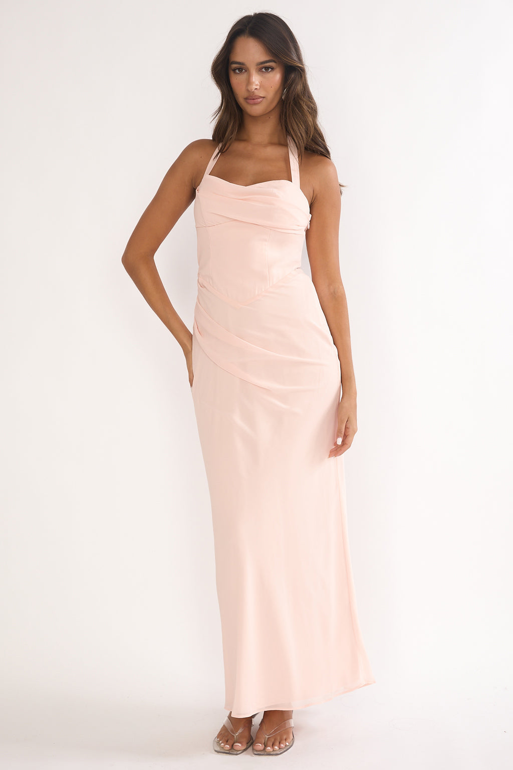 Rovelle Halterneck Pleat Waist Maxi Dress Pink by Selfie Leslie Australia