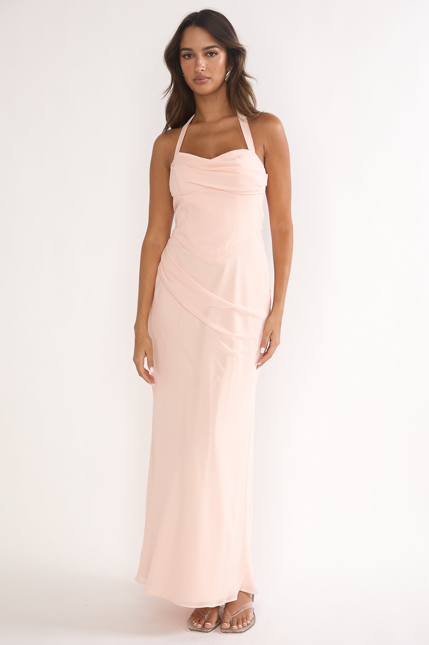 Rovelle Halterneck Pleat Waist Maxi Dress Pink by Selfie Leslie Australia
