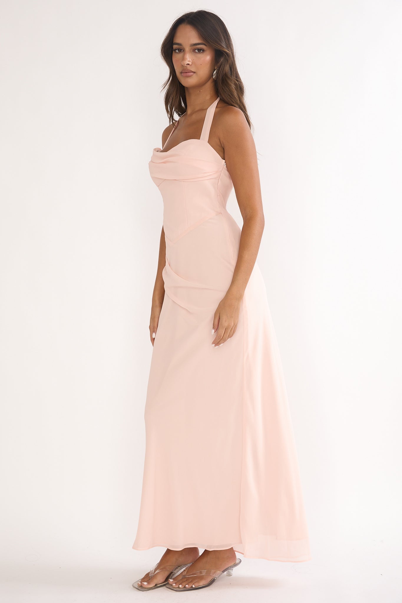 Rovelle Halterneck Pleat Waist Maxi Dress Pink by Selfie Leslie Australia