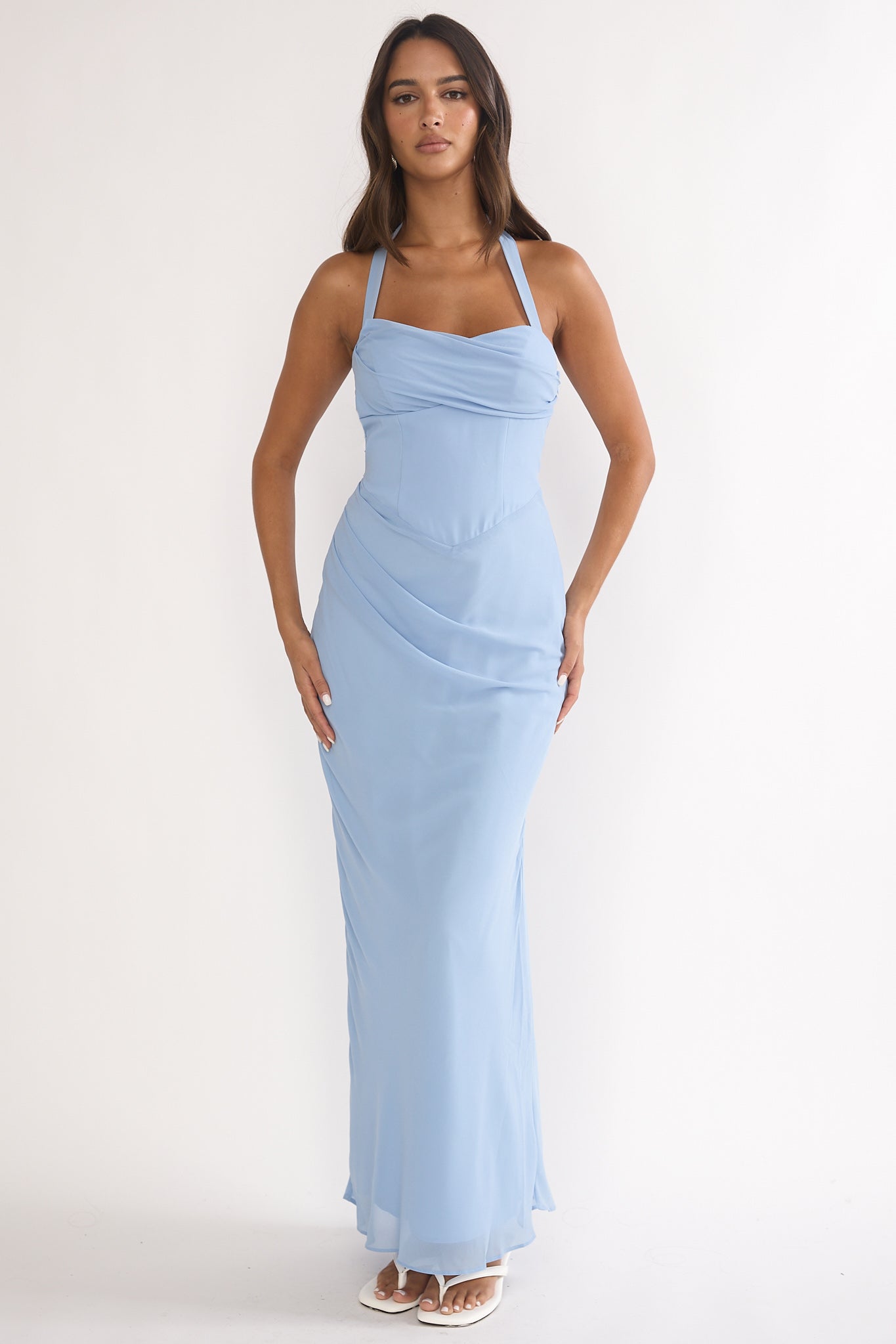 Rovelle Halterneck Pleat Waist Maxi Dress Sky Blue by Selfie Leslie Australia