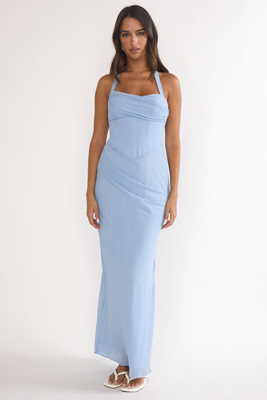 Rovelle Halterneck Pleat Waist Maxi Dress Sky Blue by Selfie Leslie Australia