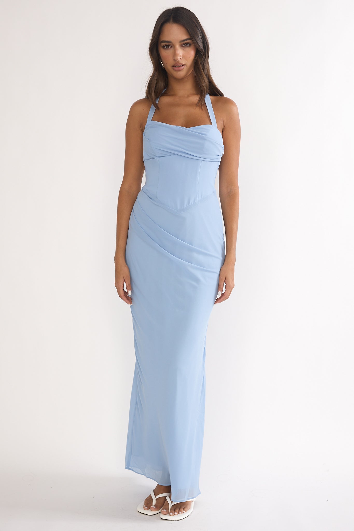 Rovelle Halterneck Pleat Waist Maxi Dress Sky Blue by Selfie Leslie Australia