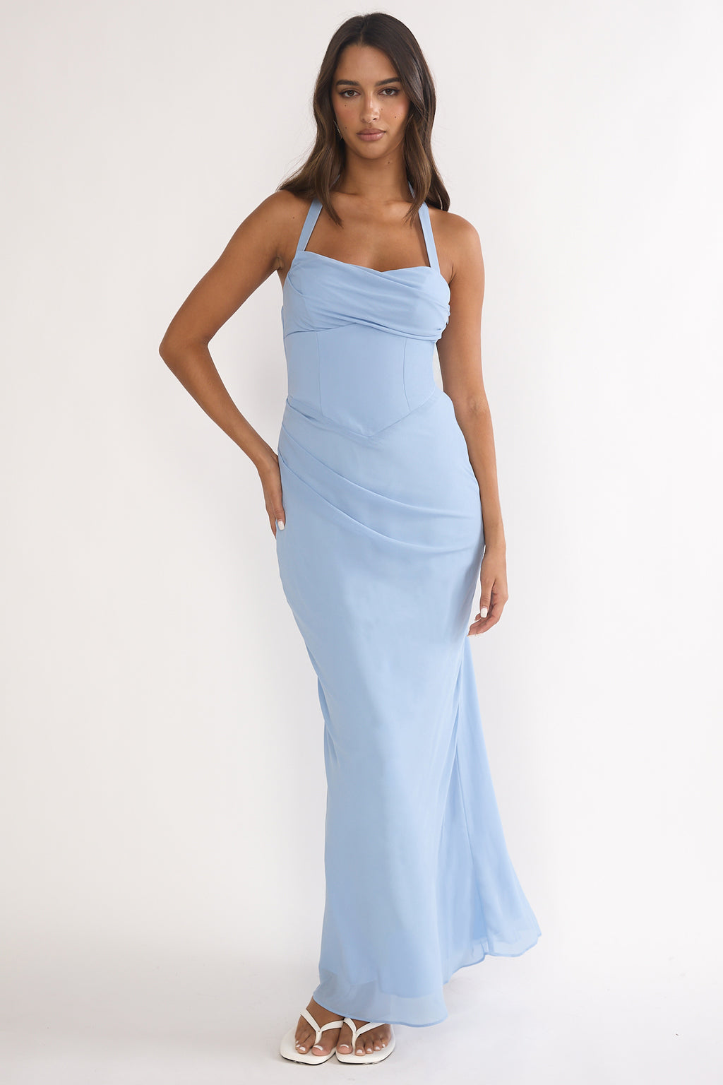 Rovelle Halterneck Pleat Waist Maxi Dress Sky Blue by Selfie Leslie Australia
