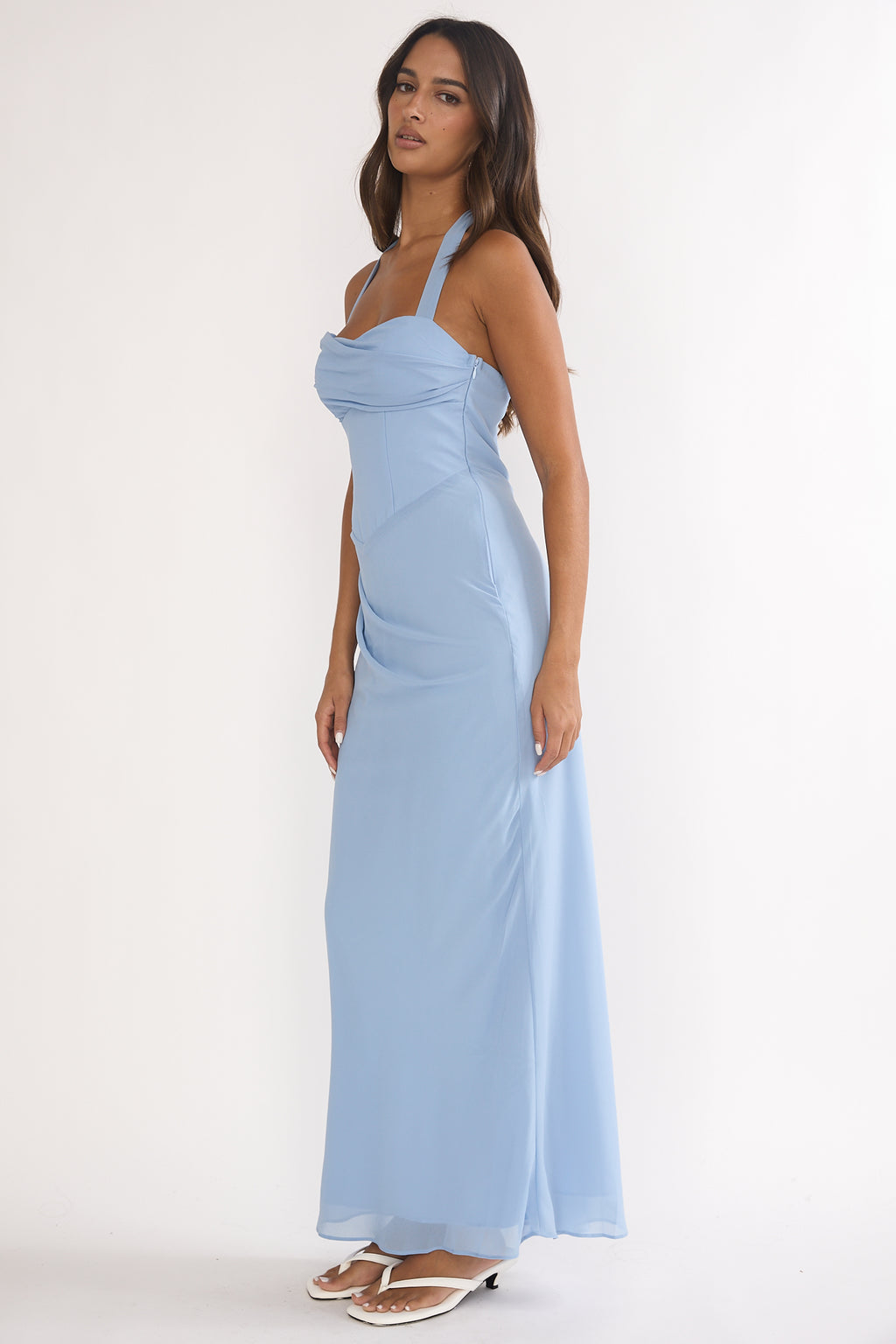 Rovelle Halterneck Pleat Waist Maxi Dress Sky Blue by Selfie Leslie Australia