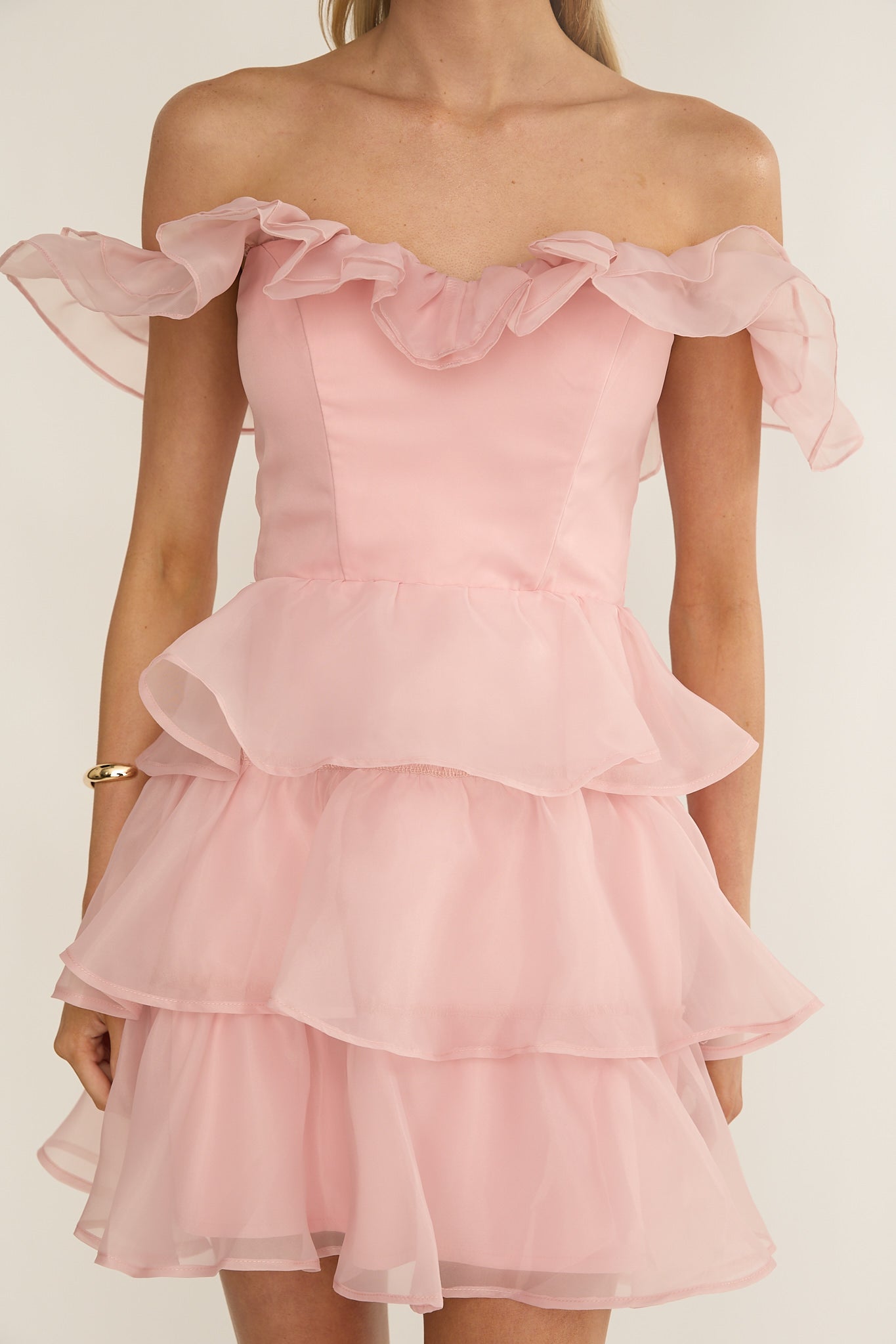Rosira Off-Shoulder Ruffle Mini Dress Pink by Selfie Leslie Australia