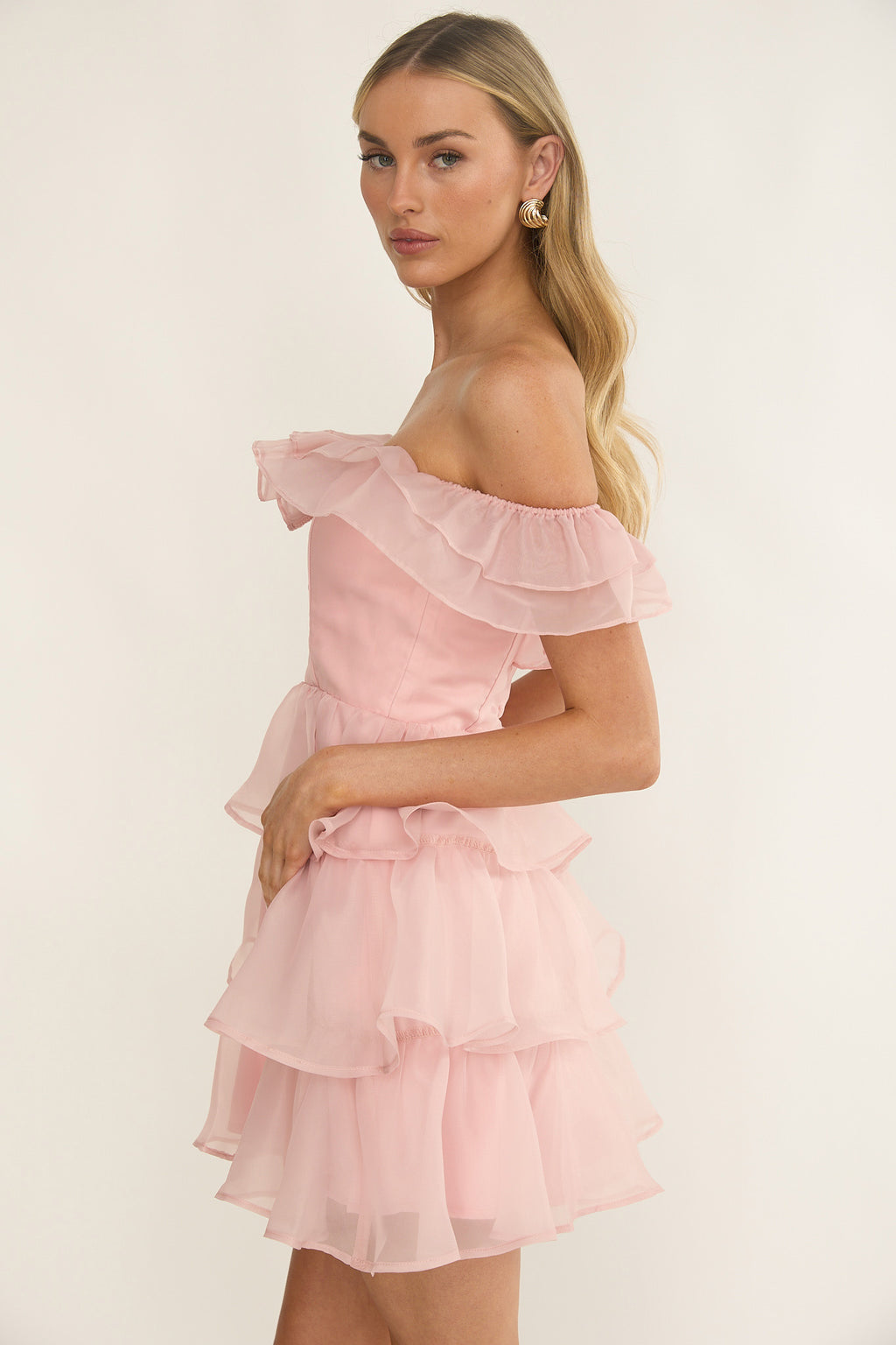 Rosira Off-Shoulder Ruffle Mini Dress Pink by Selfie Leslie Australia
