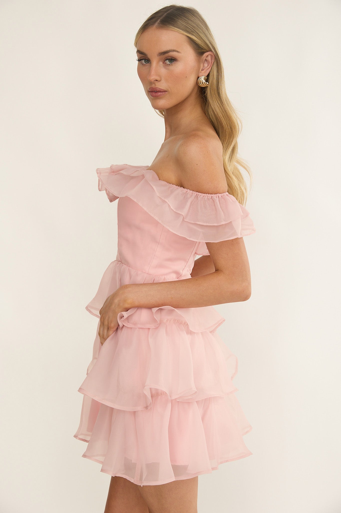 Rosira Off-Shoulder Ruffle Mini Dress Pink by Selfie Leslie Australia