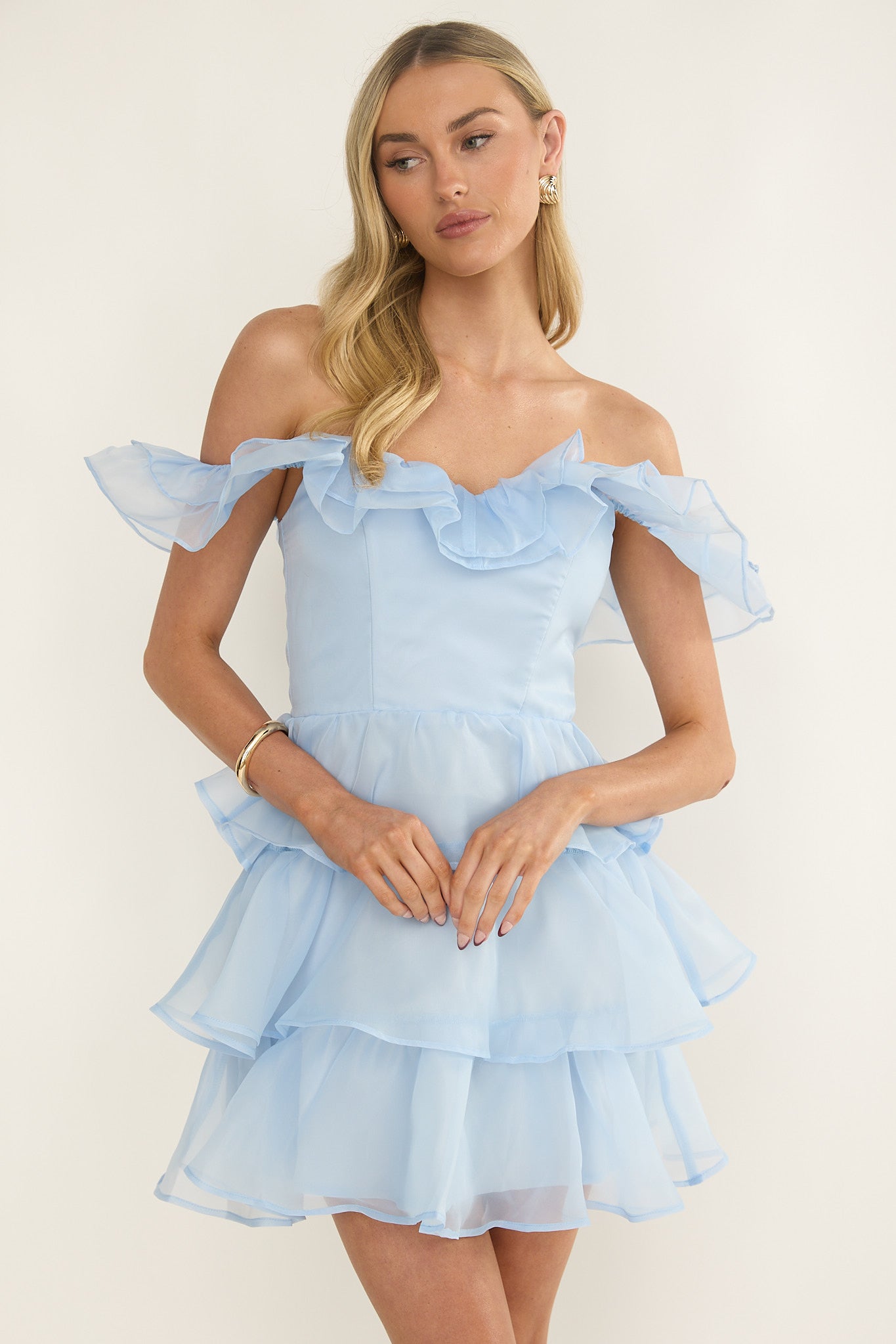Rosira Off-Shoulder Ruffle Mini Dress Sky Blue by Selfie Leslie Australia