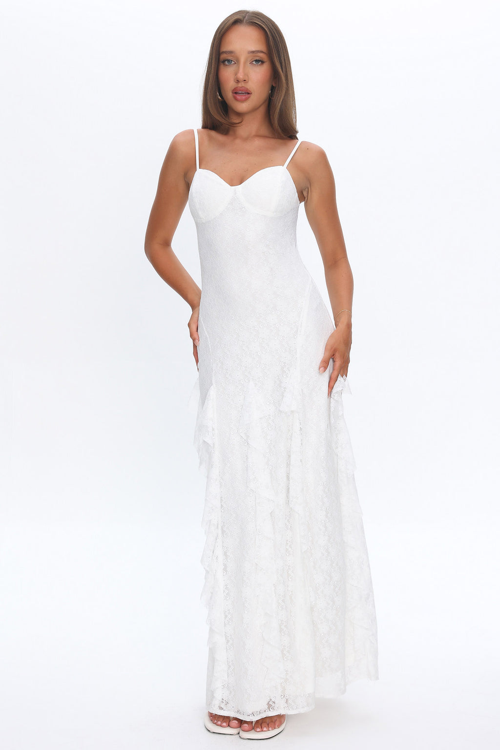 Onique Lace-Up Back Split Maxi Dress Lace White by Selfie Leslie Australia