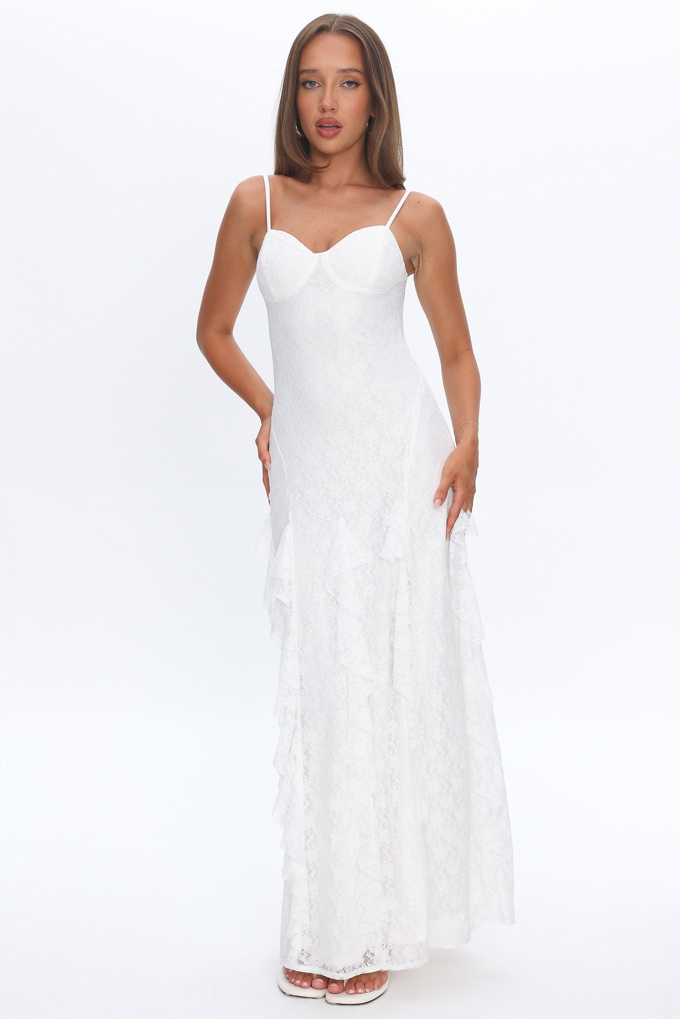Onique Lace-Up Back Split Maxi Dress Lace White by Selfie Leslie Australia