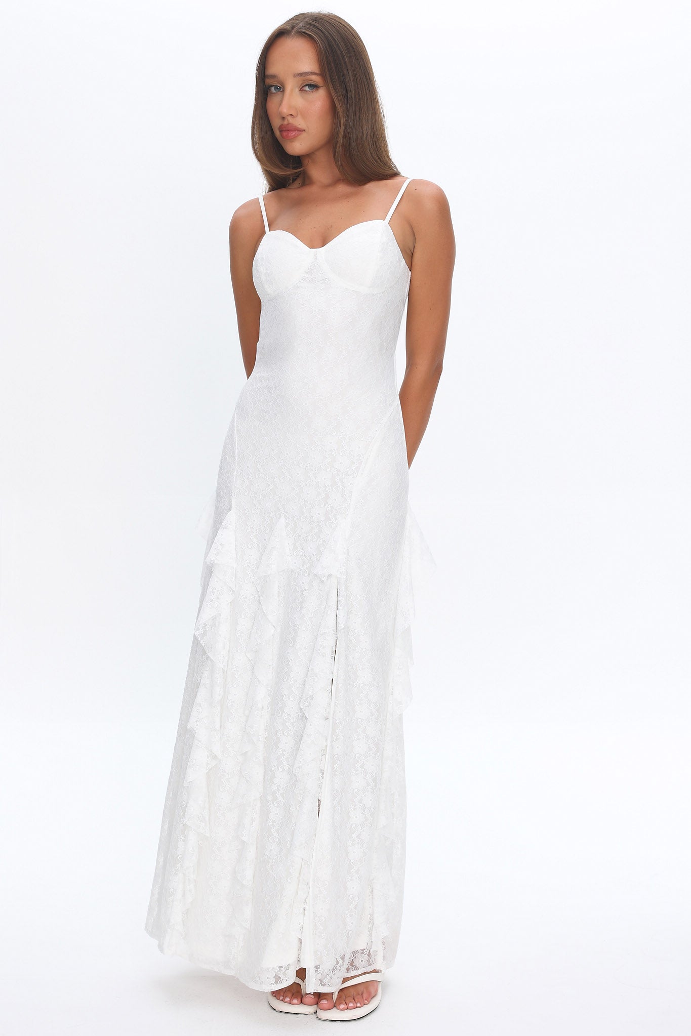 Onique Lace-Up Back Split Maxi Dress Lace White by Selfie Leslie Australia