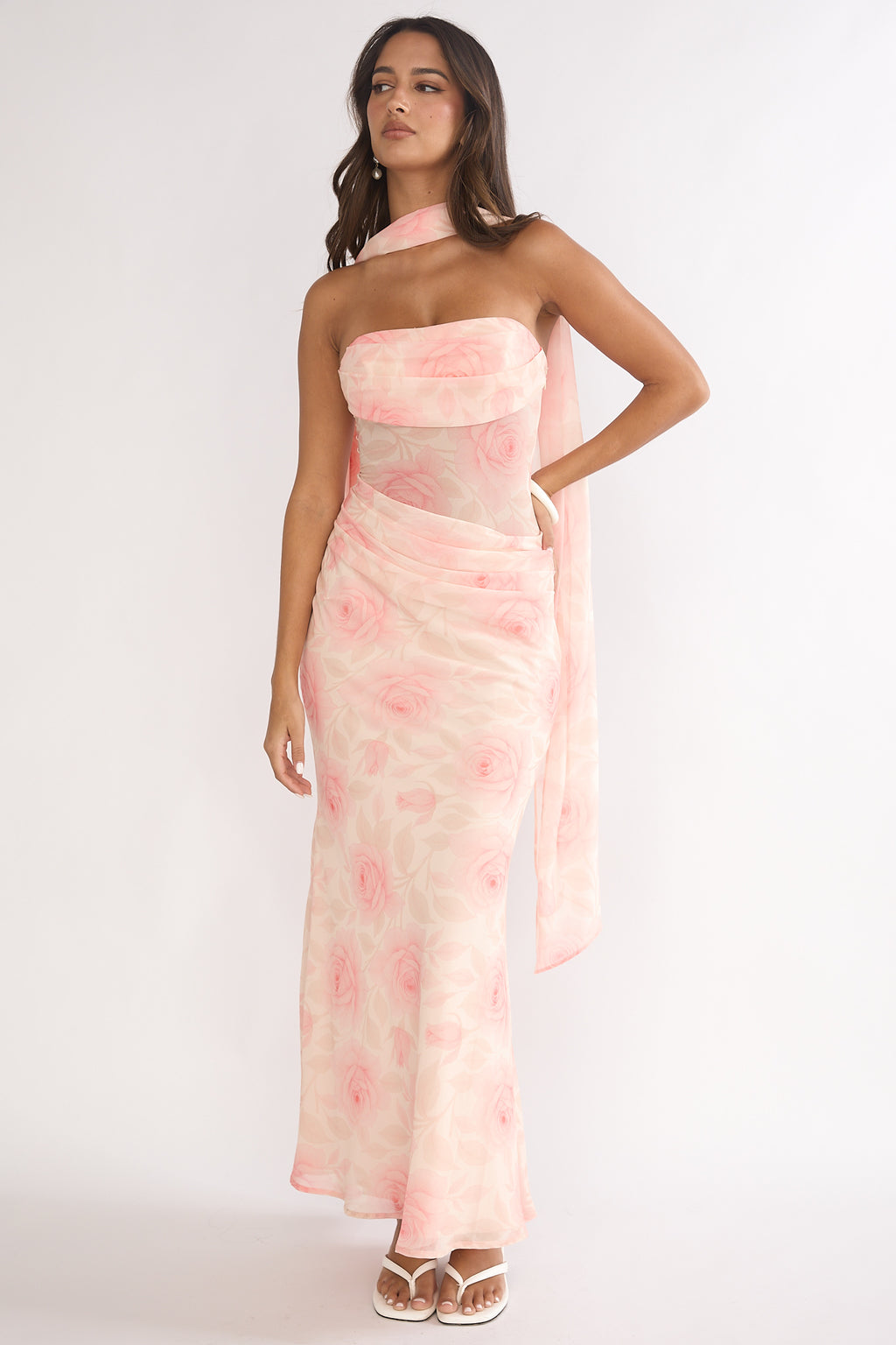 Unforgettable Day Drape Waist Strapless Maxi Dress Roses Floral by Selfie Leslie Australia