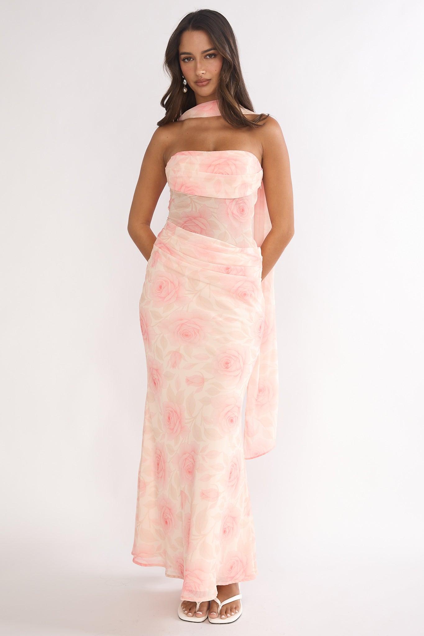 Unforgettable Day Drape Waist Strapless Maxi Dress Roses Floral by Selfie Leslie Australia
