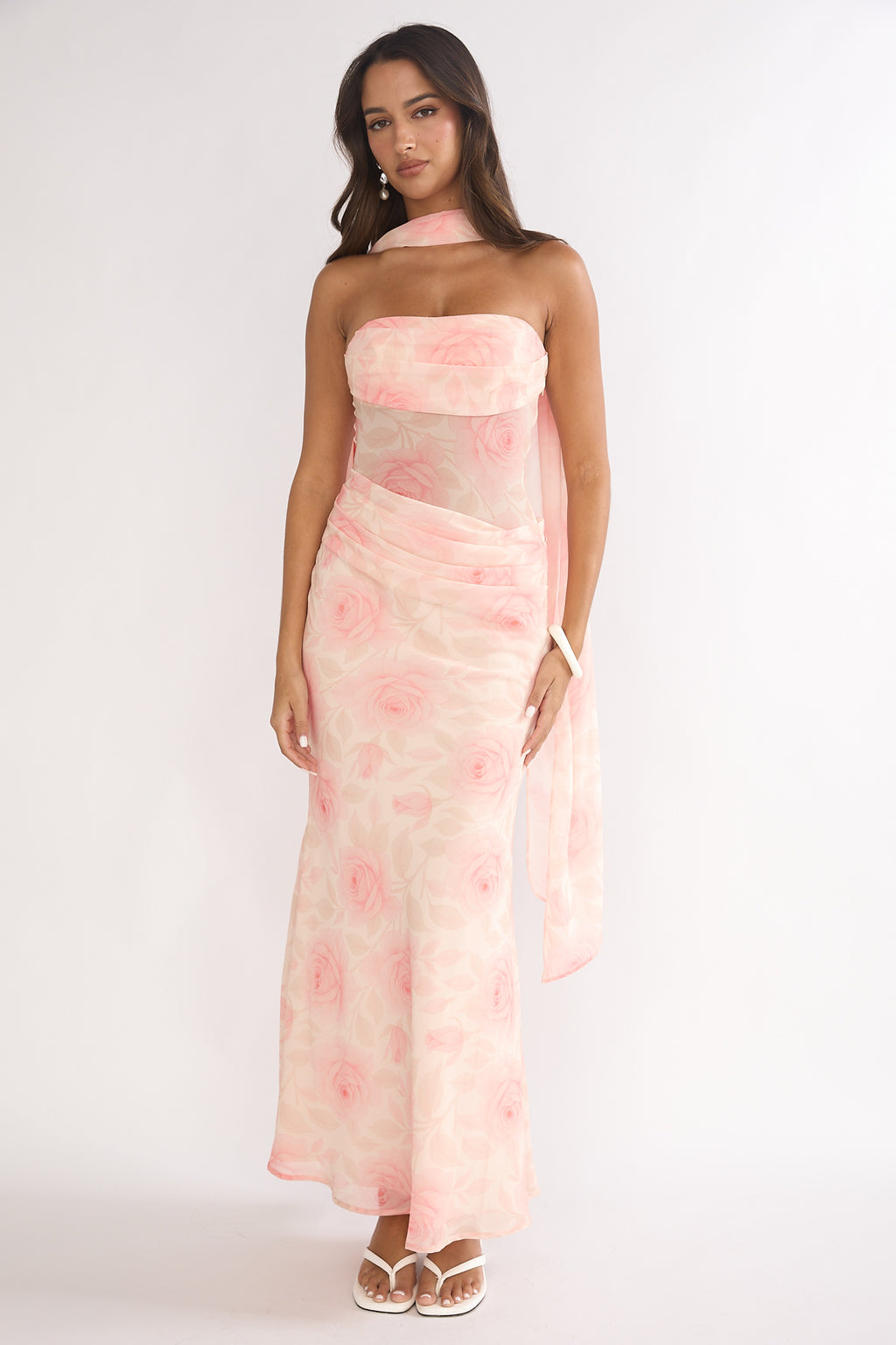 Unforgettable Day Drape Waist Strapless Maxi Dress Roses Floral by Selfie Leslie Australia