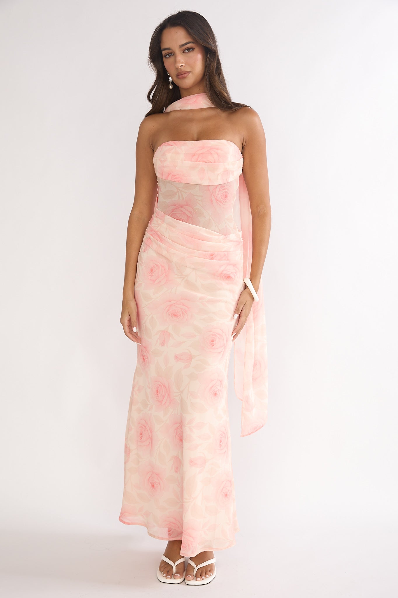 Unforgettable Day Drape Waist Strapless Maxi Dress Roses Floral by Selfie Leslie Australia