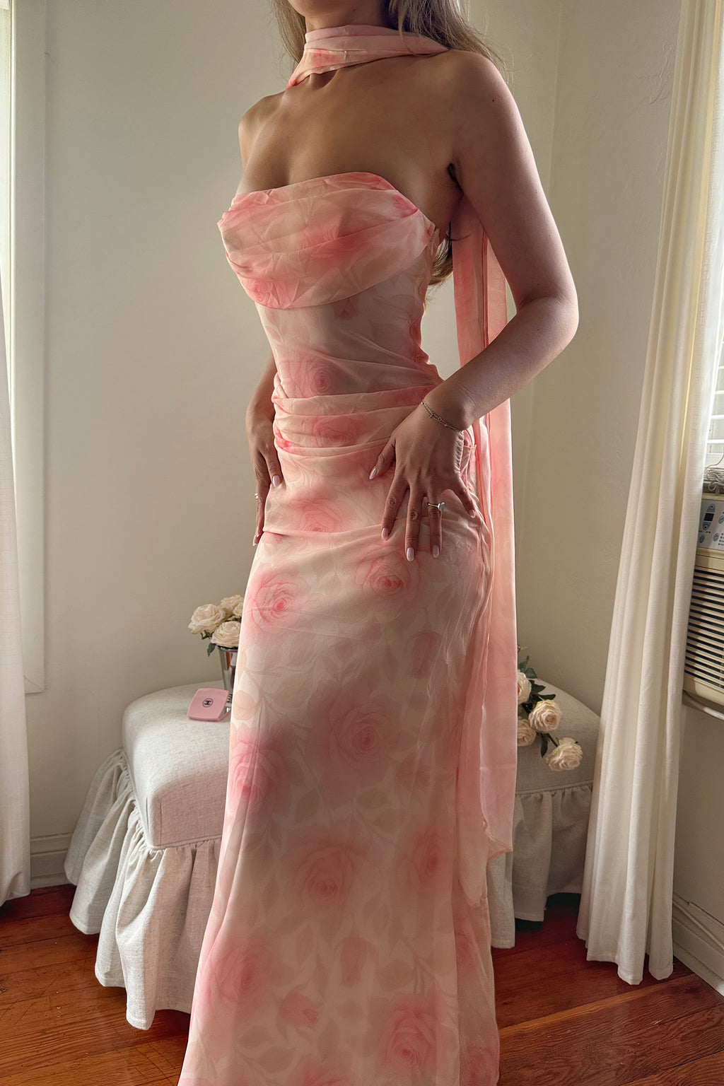 Unforgettable Day Drape Waist Strapless Maxi Dress Roses Floral by Selfie Leslie Australia