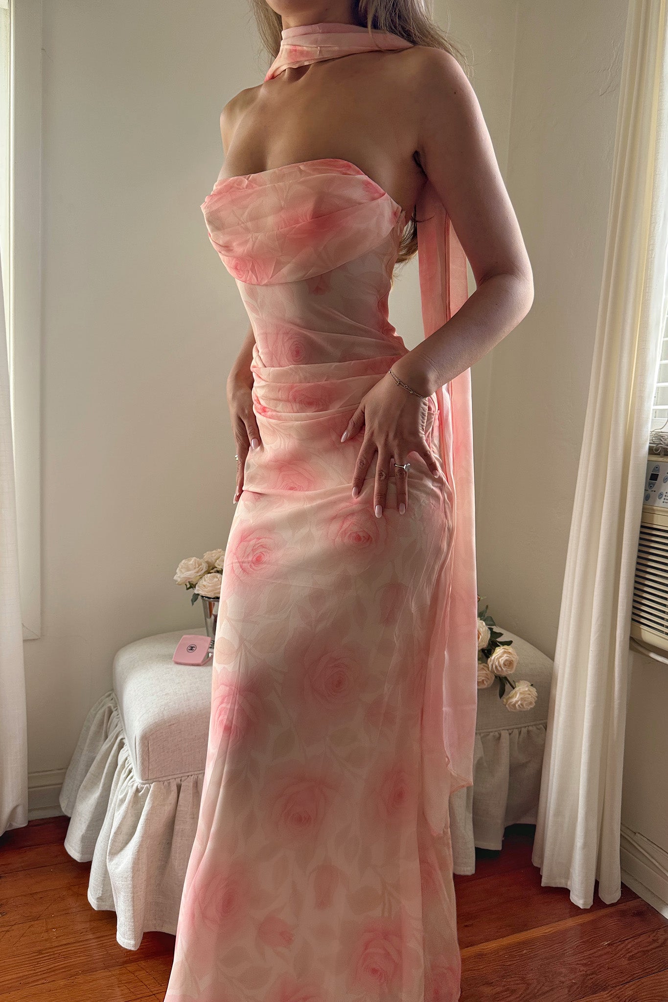 Unforgettable Day Drape Waist Strapless Maxi Dress Roses Floral by Selfie Leslie Australia