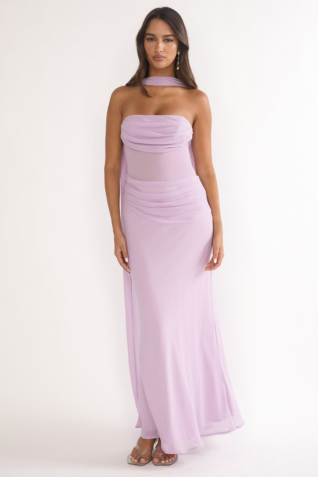 Unforgettable Day Drape Waist Strapless Maxi Dress Lilac by Selfie Leslie Australia
