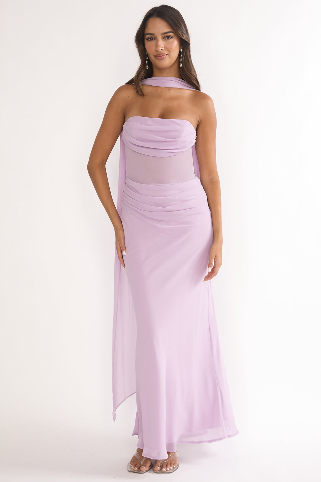 Unforgettable Day Drape Waist Strapless Maxi Dress Lilac by Selfie Leslie Australia