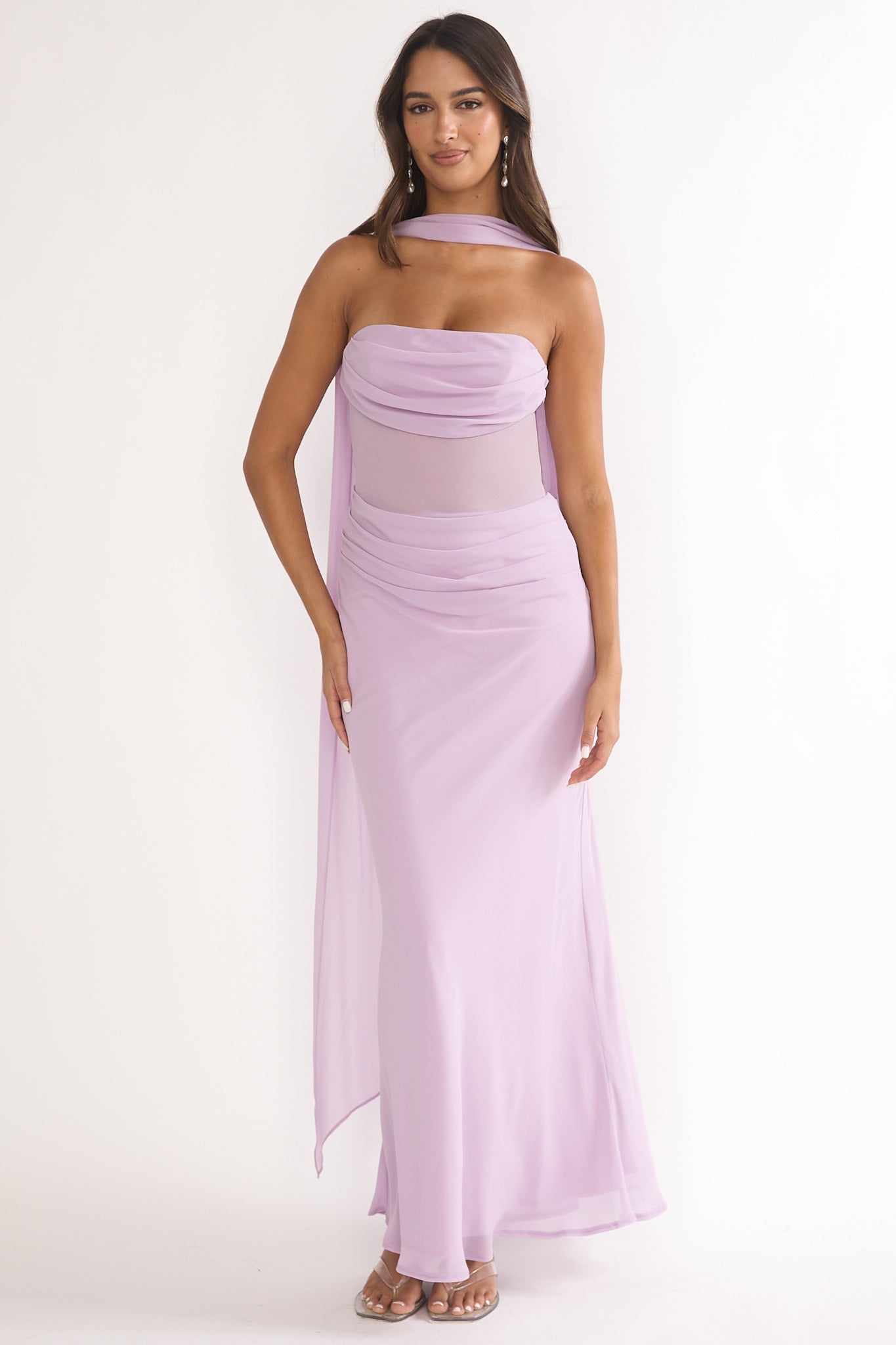Unforgettable Day Drape Waist Strapless Maxi Dress Lilac by Selfie Leslie Australia