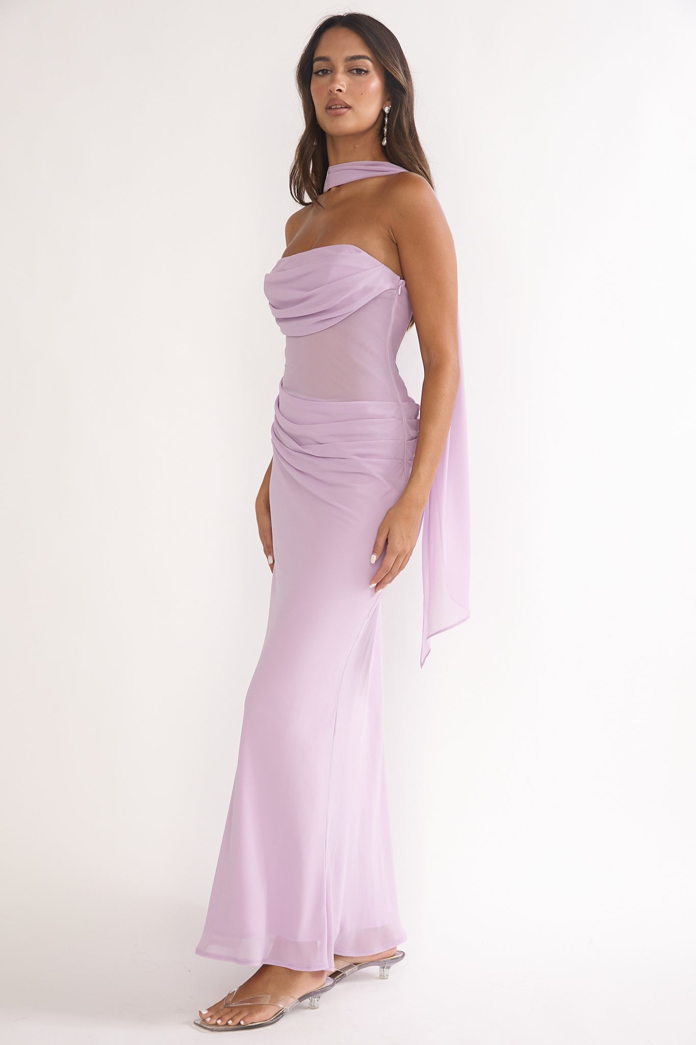 Unforgettable Day Drape Waist Strapless Maxi Dress Lilac by Selfie Leslie Australia