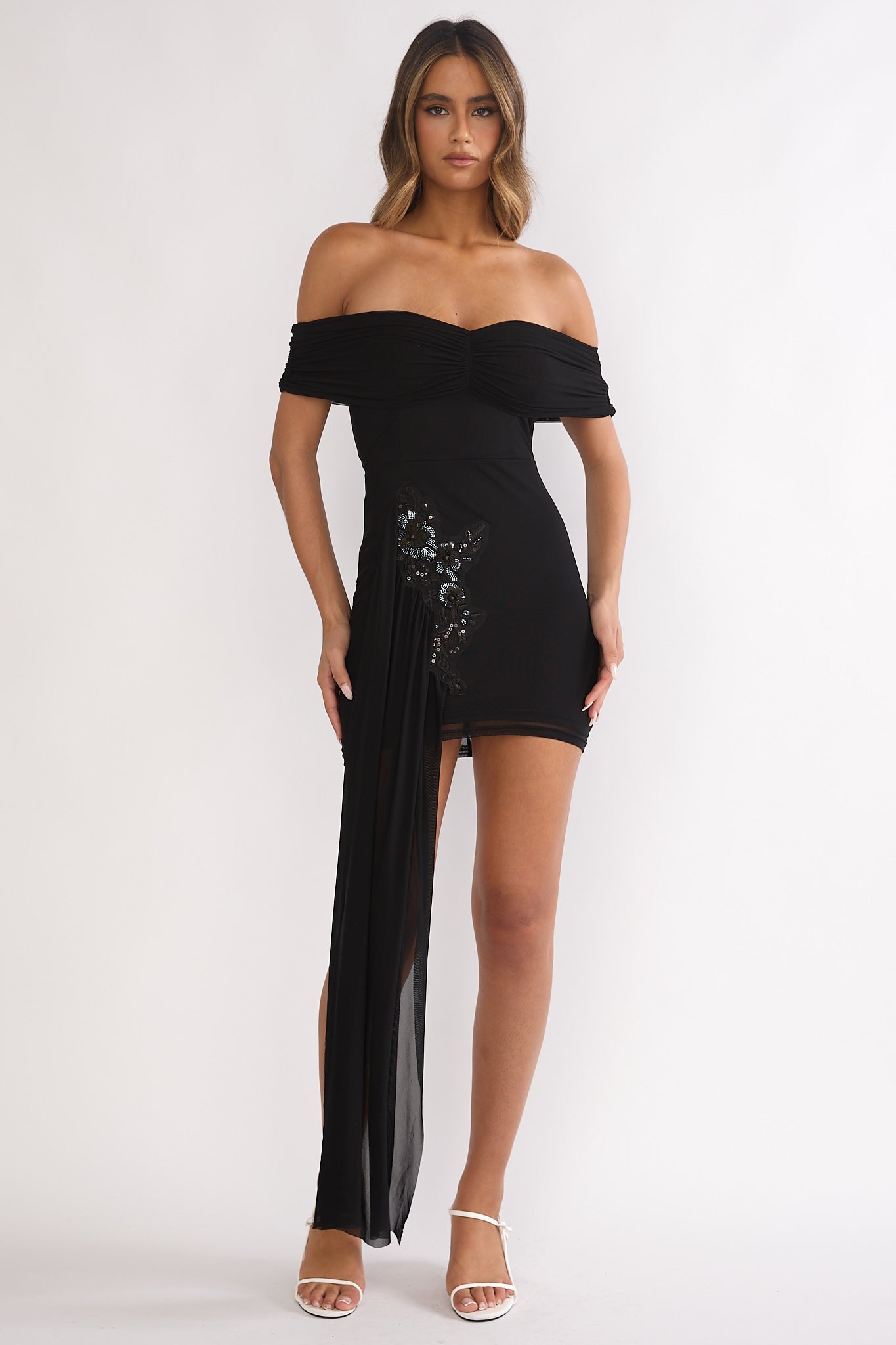 Dahlisse Off-Shoulder Sash Mini Dress Black by Selfie Leslie Australia