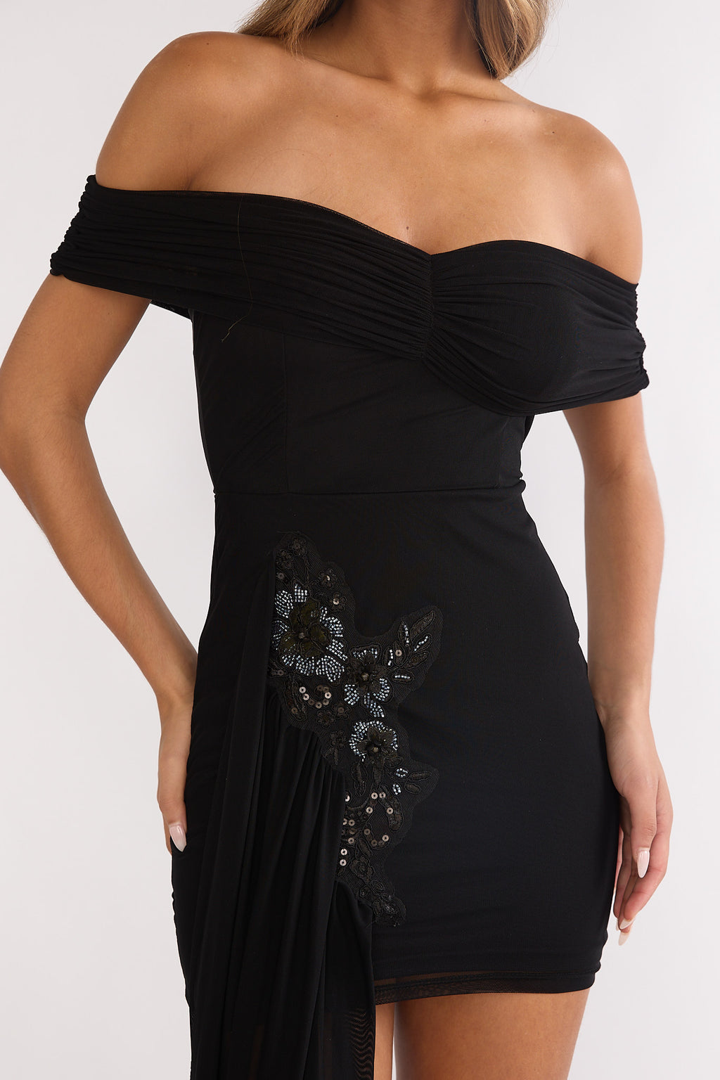 Dahlisse Off-Shoulder Sash Mini Dress Black by Selfie Leslie Australia