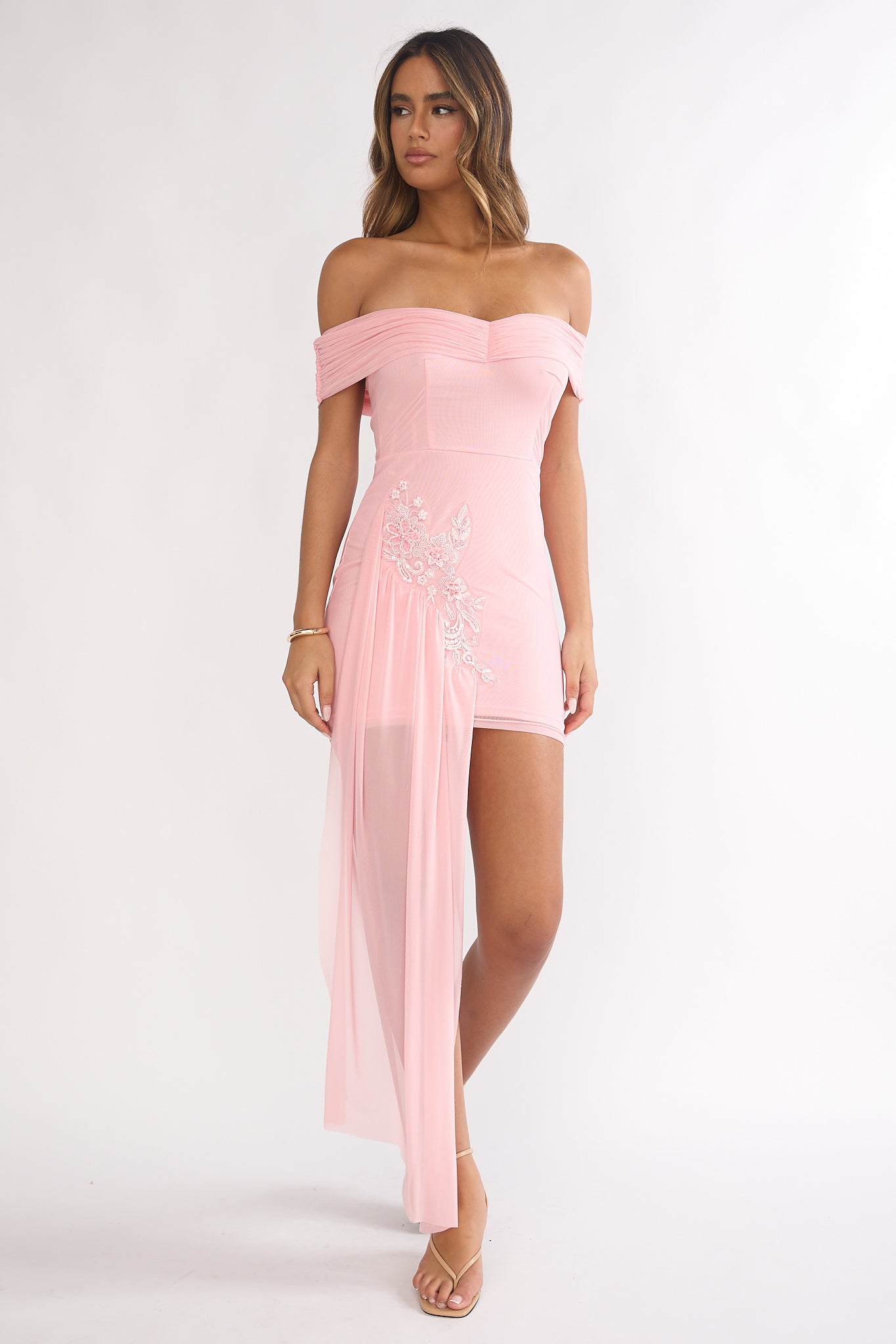 Dahlisse Off-Shoulder Sash Mini Dress Blush by Selfie Leslie Australia