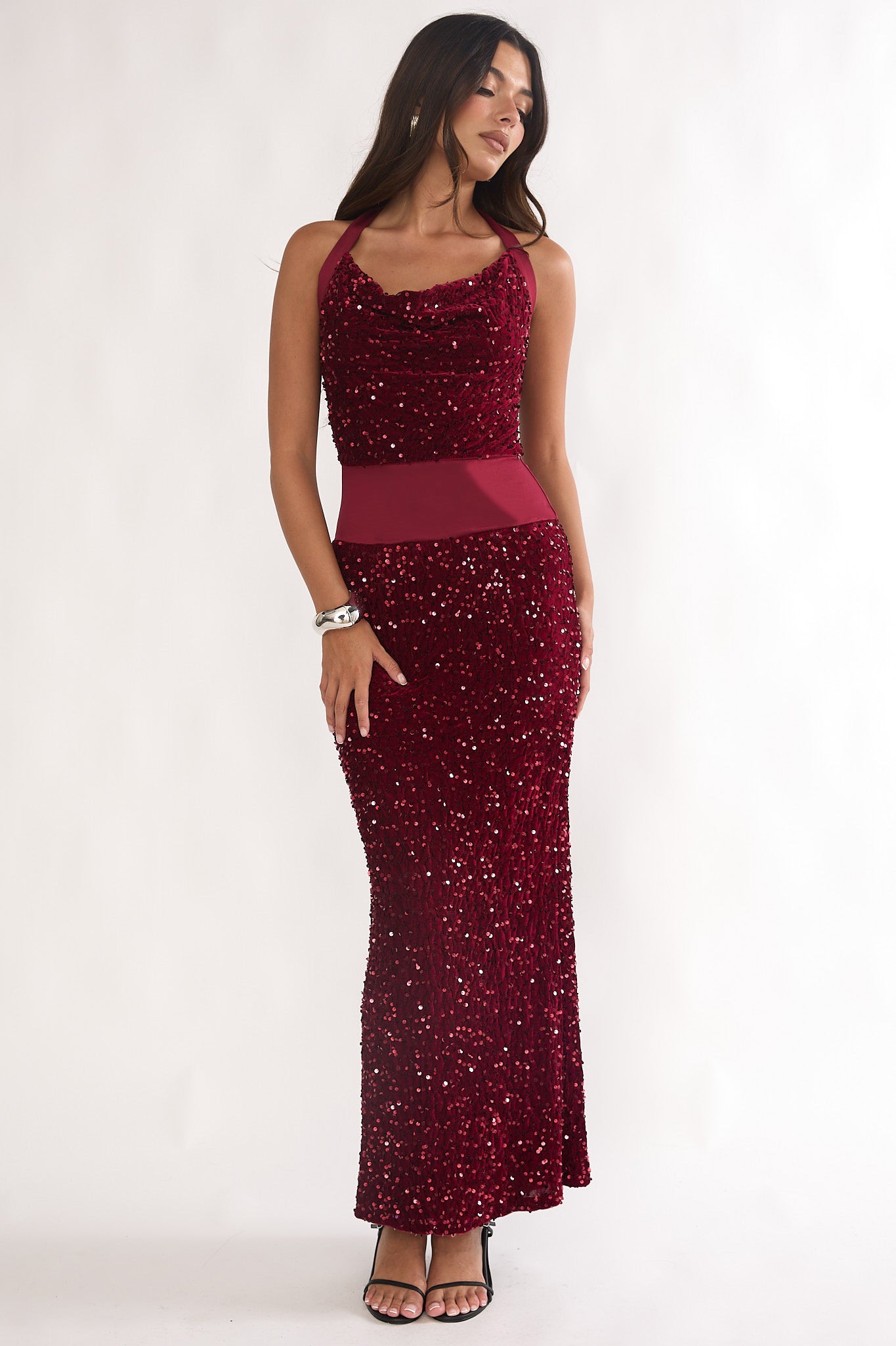 Cabernet Halter Maxi Dress Sequin Wine by Selfie Leslie Australia