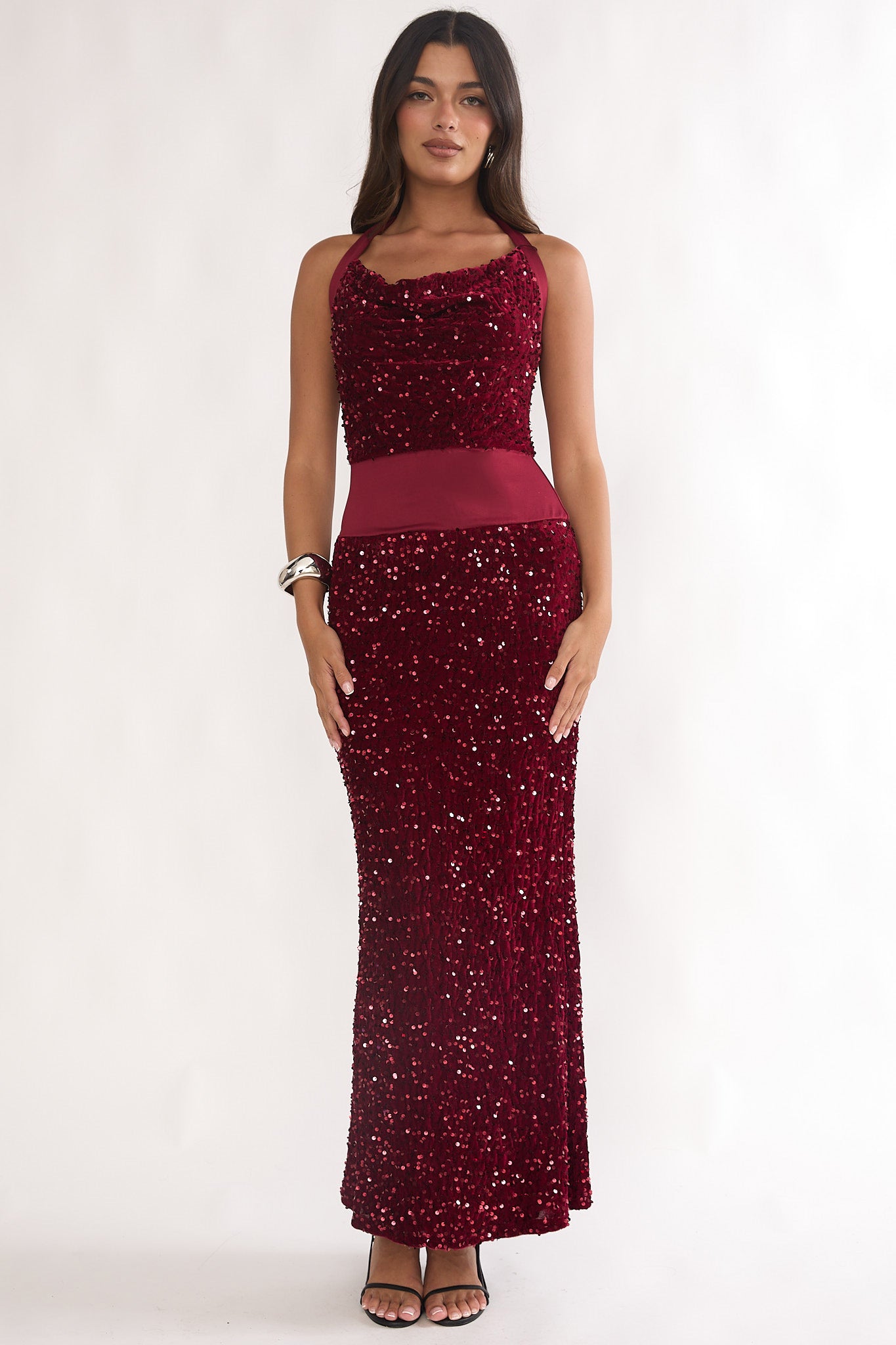 Cabernet Halter Maxi Dress Sequin Wine by Selfie Leslie Australia