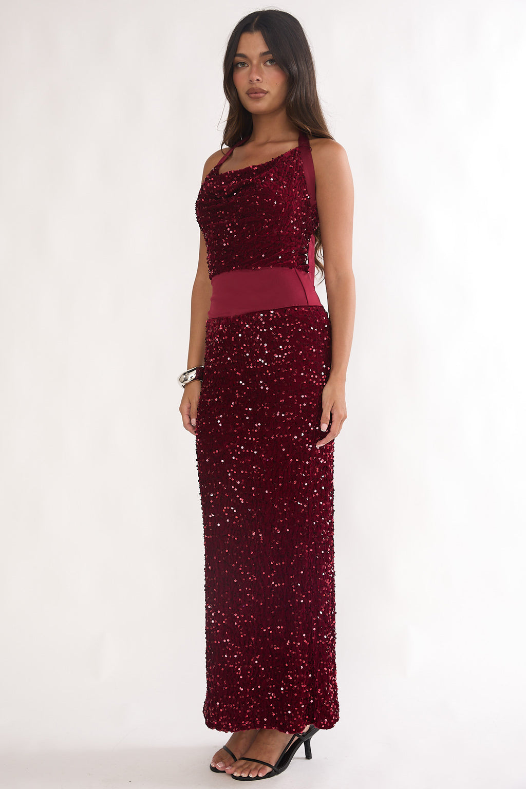 Cabernet Halter Maxi Dress Sequin Wine by Selfie Leslie Australia
