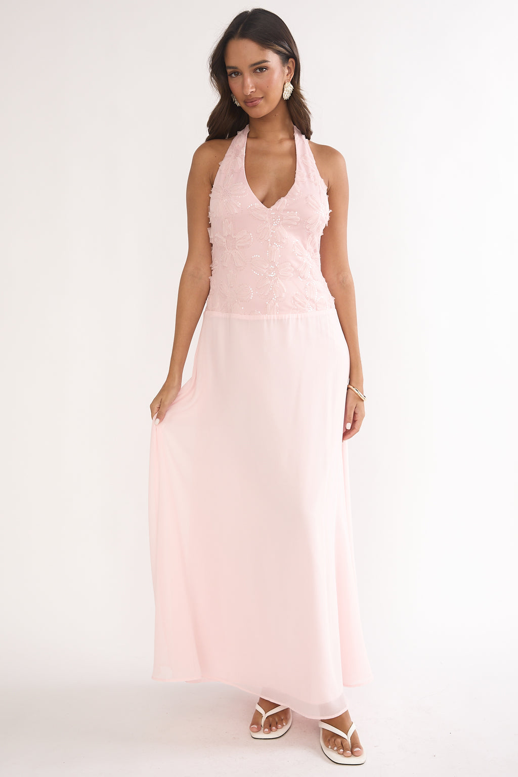 Blushing Belle Embellished Halter Maxi Dress Blush by Selfie Leslie Australia