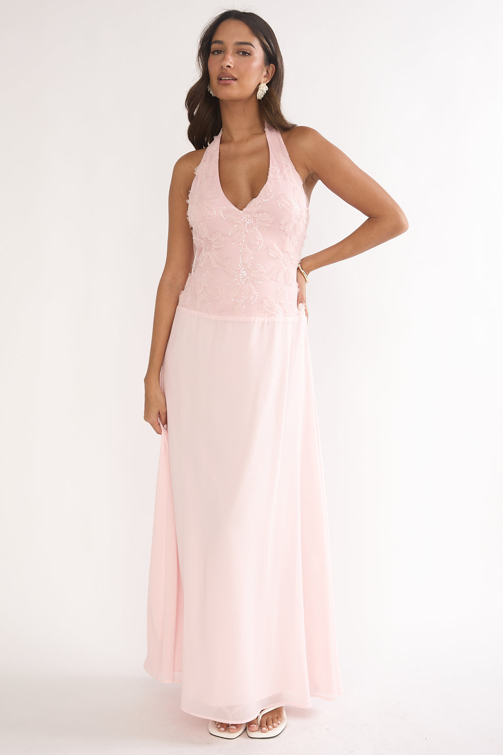Blushing Belle Embellished Halter Maxi Dress Blush by Selfie Leslie Australia