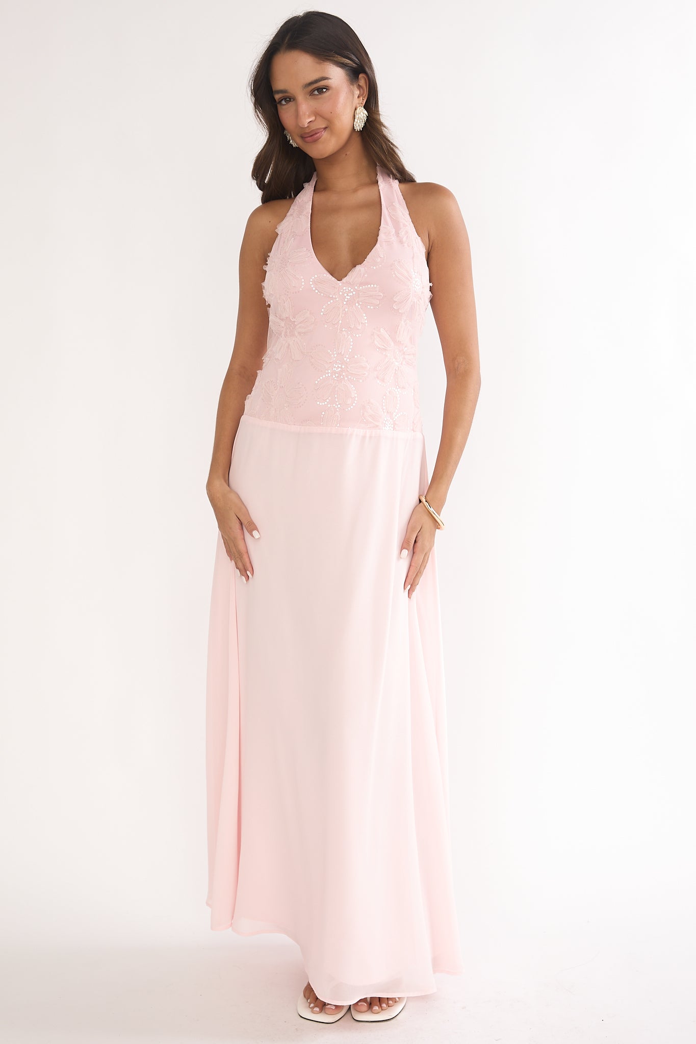 Blushing Belle Embellished Halter Maxi Dress Blush by Selfie Leslie Australia