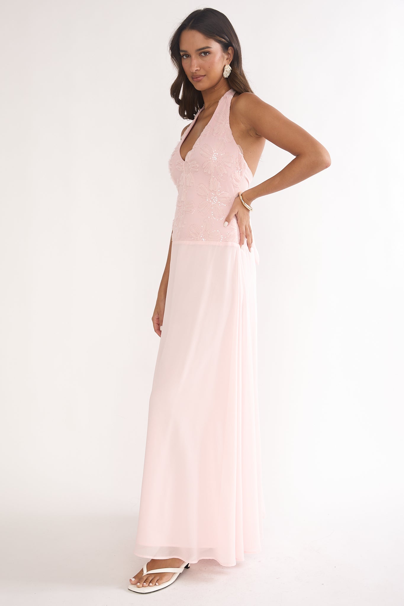 Blushing Belle Embellished Halter Maxi Dress Blush by Selfie Leslie Australia